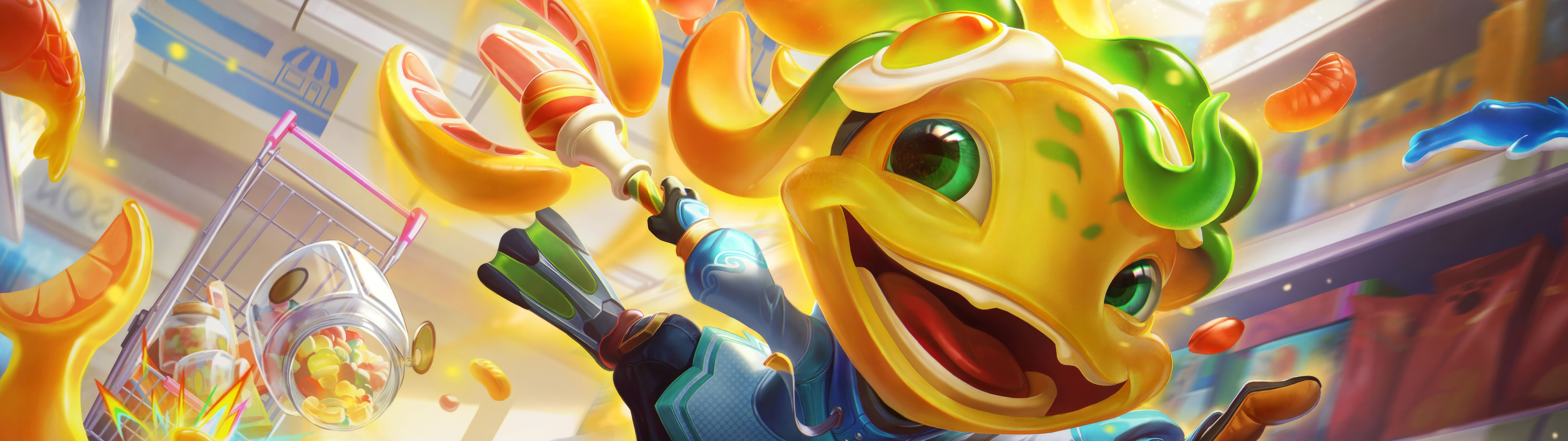 El campeón acuático Fizz, de League of Legends y Wild Rift, se presenta en un vibrante entorno submarino.