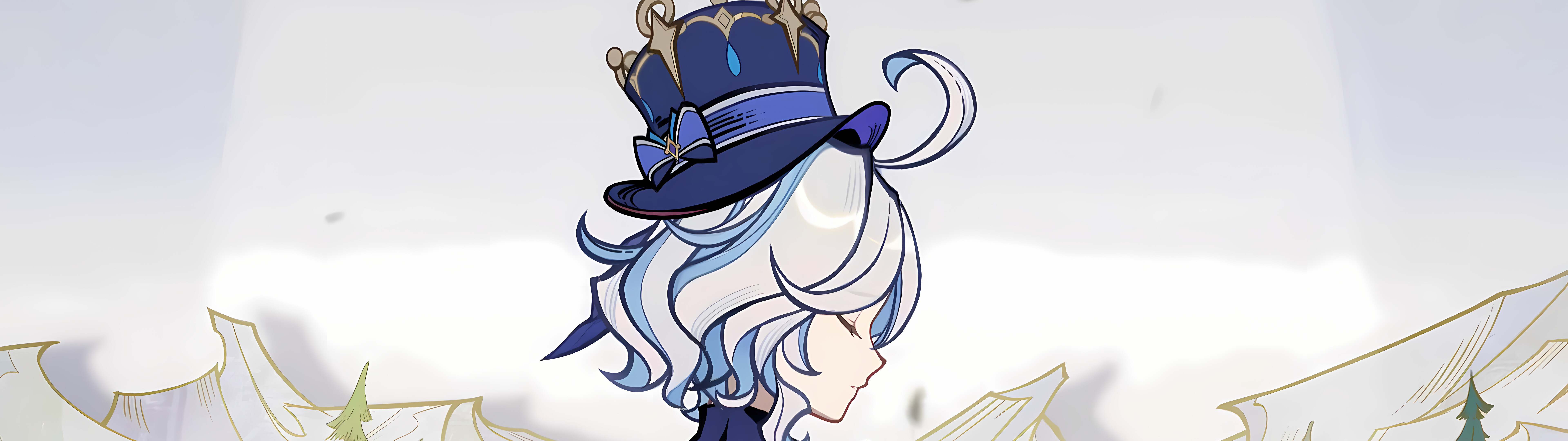 Una hermosa representación de Furina, del juego Genshin Impact, que destaca por su elaborado traje azul y su apariencia teatral.