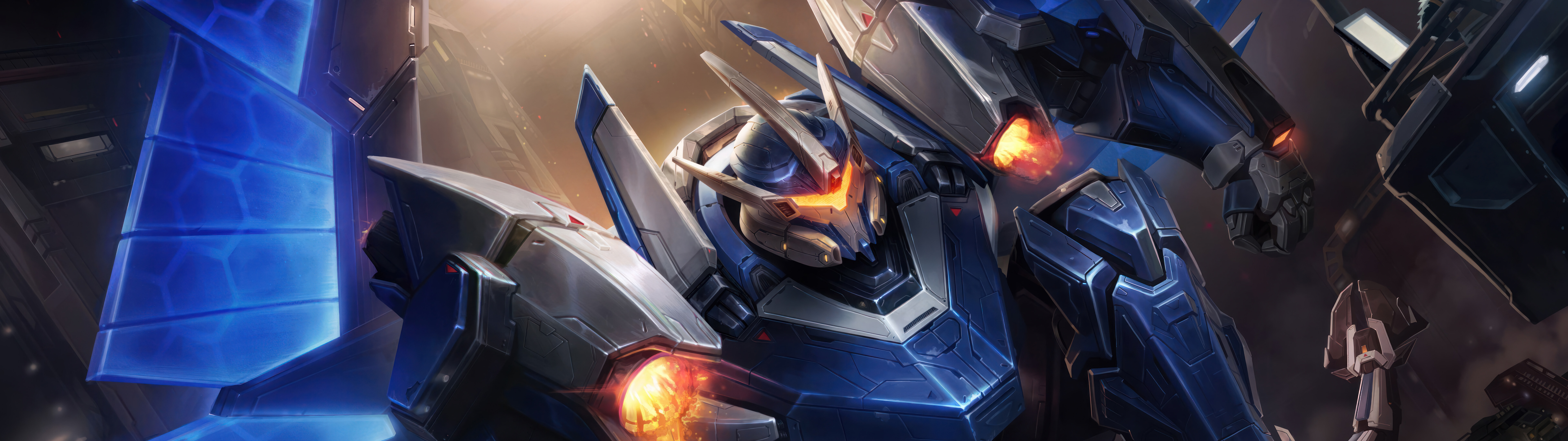 Un enorme robot de estilo mecha inspirado en Galio, de League of Legends, con una gruesa capa de metal y componentes energéticos que brillan.