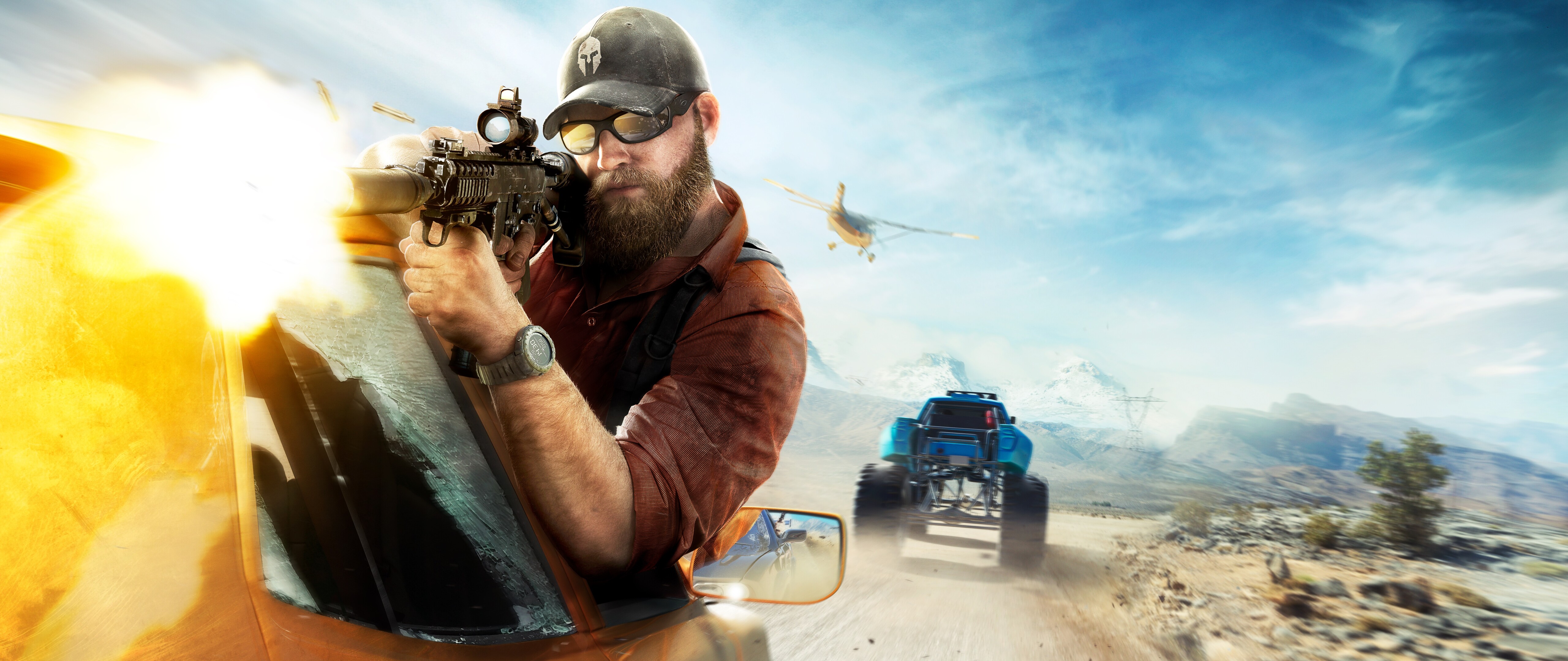 Un agente altamente capacitado de Ghost, perteneciente al universo de Tom Clancy’s Ghost Recon Wildlands, equipado con el uniforme táctico militar completo y portando un rifle de asalto.