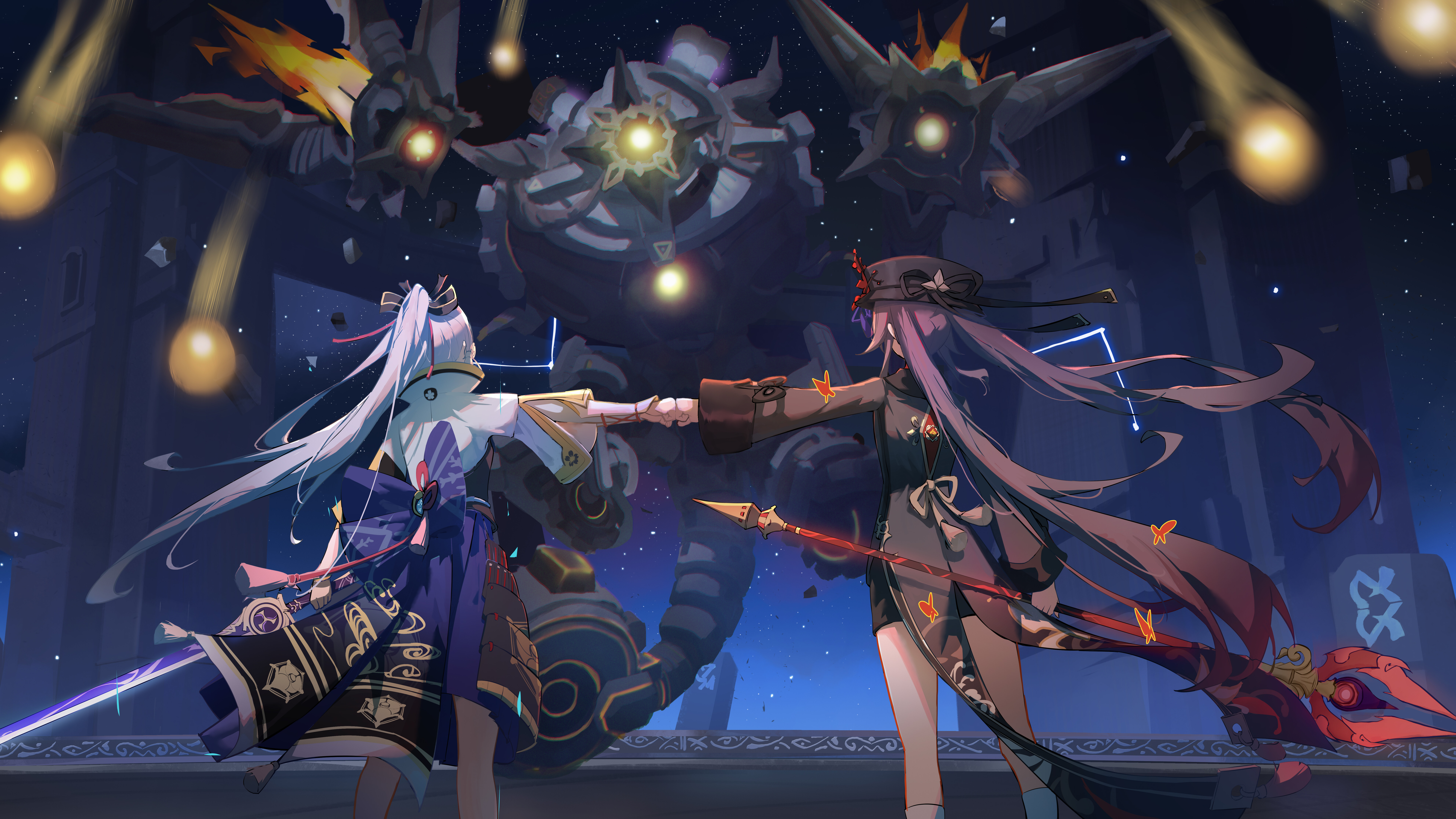 Una representación artística de Kamisato Ayaka y Hu Tao, personajes del videojuego Genshin Impact.