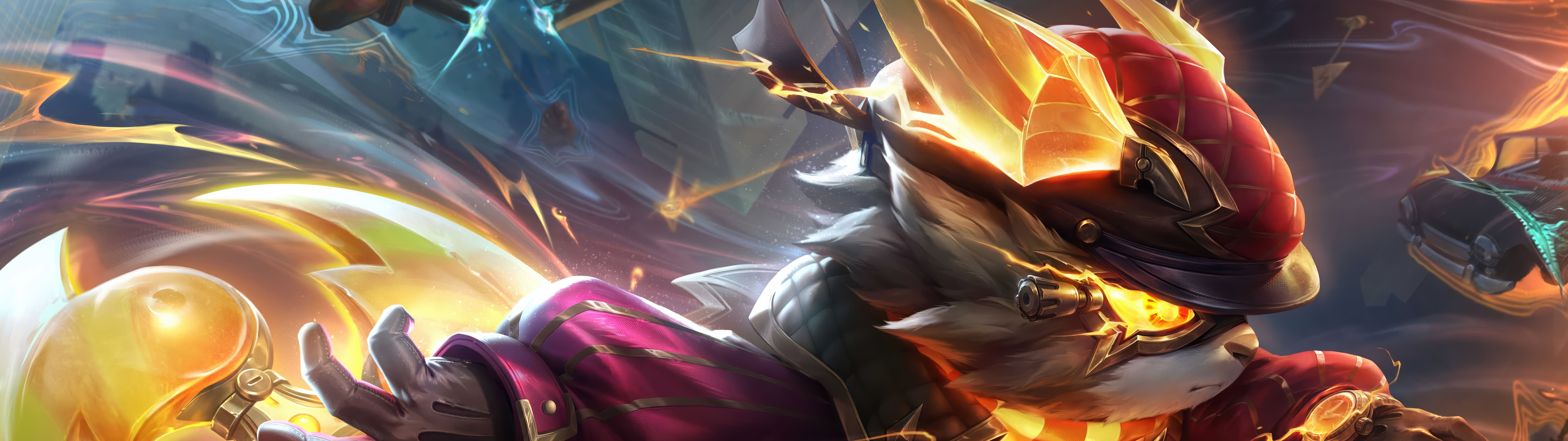 Una ilustración dinámica de Kennen, personaje de League of Legends, que lo muestra en acción, con chispas eléctricas y energía.