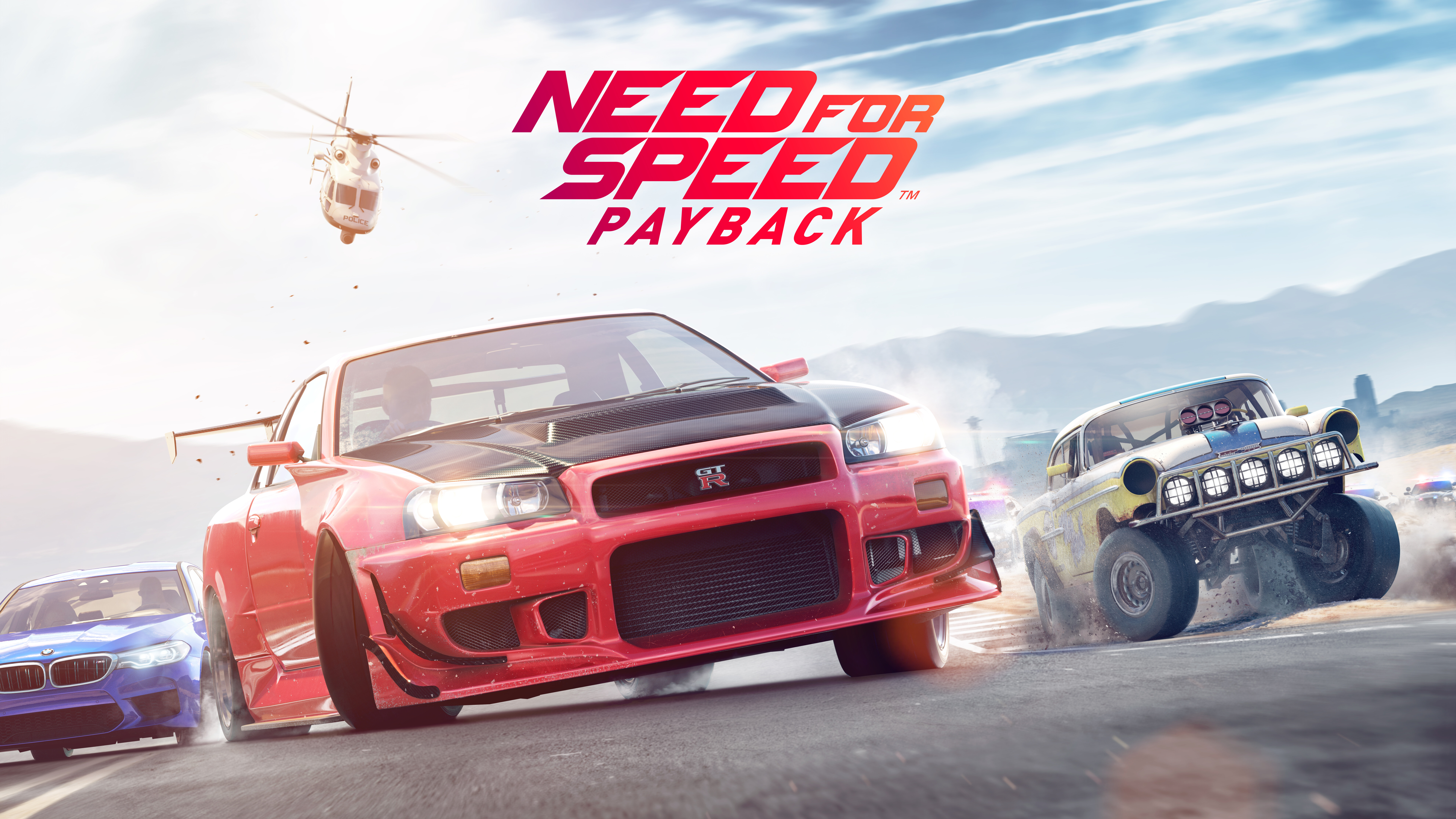 Un Nissan GT-R, un coche deportivo, inmortalizado en una escena de carreras callejeras con un estilo cinematográfico, inspirada en el videojuego Need for Speed Payback.