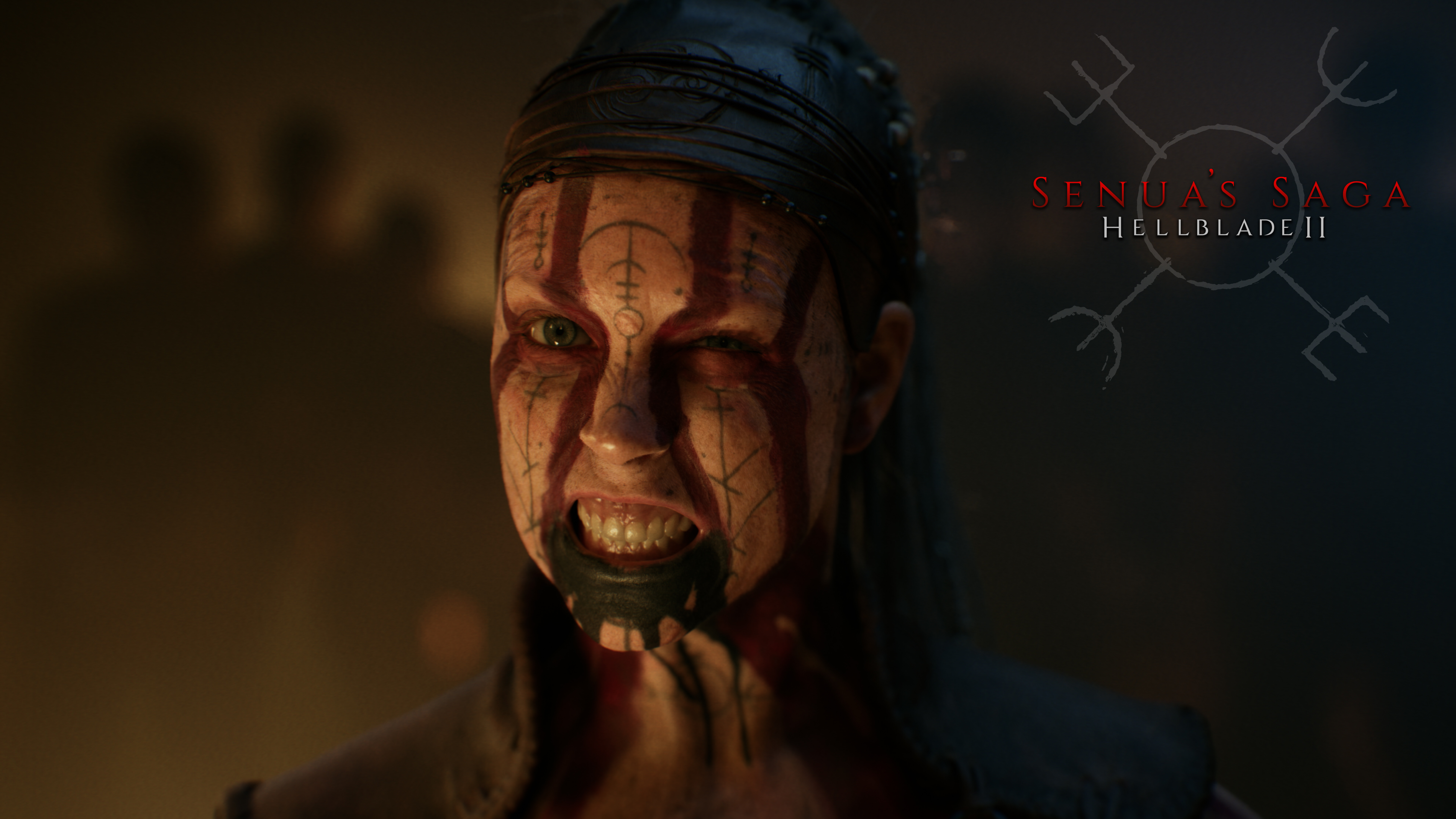 Un primer plano impactante y con gran detalle de Senua, personaje del videojuego Senua's Saga: Hellblade II.