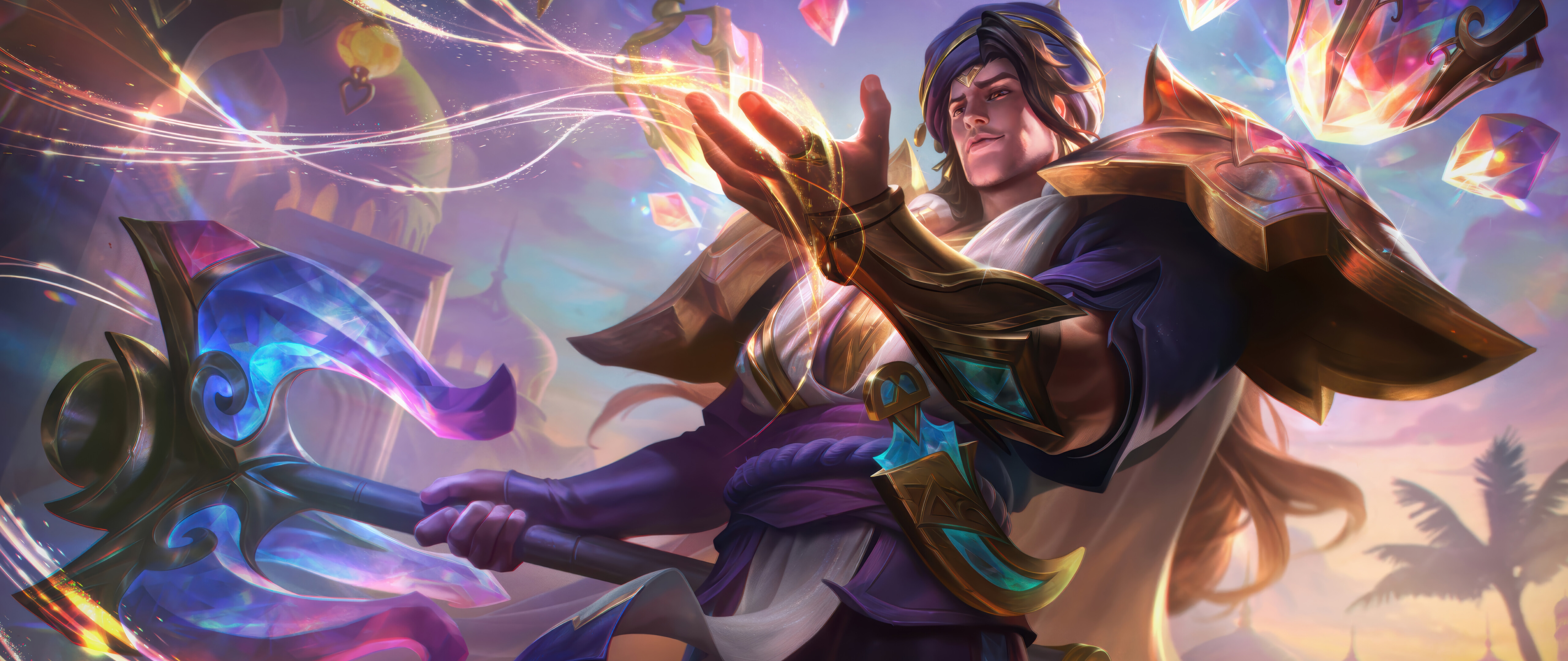 Una representación visual de Taric, personaje de League of Legends, mostrándolo como un poderoso mago rodeado de energía mágica.