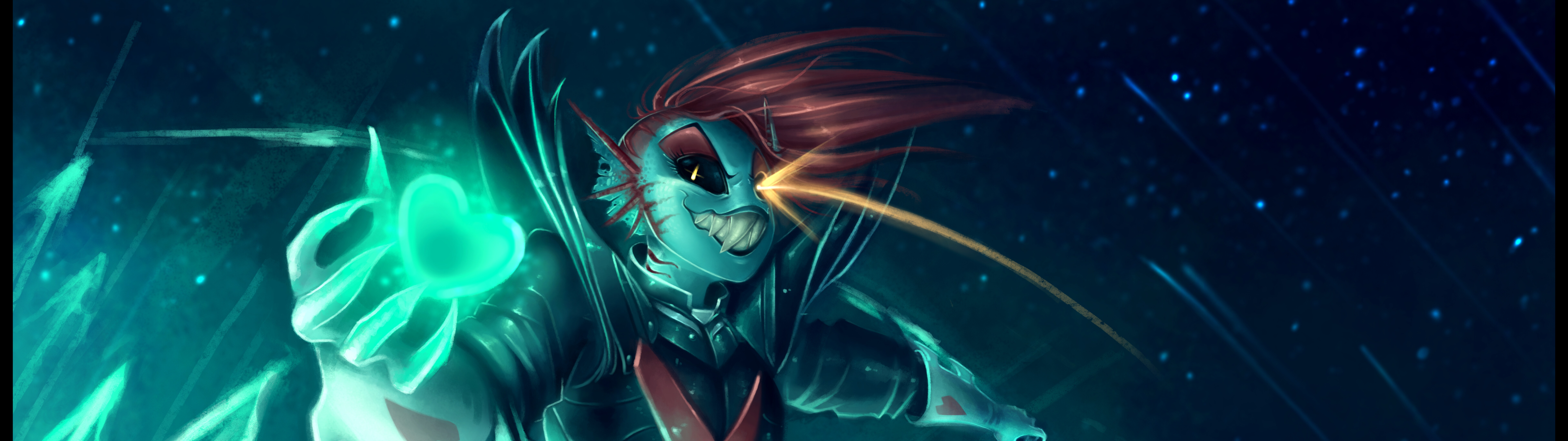 Undyne, la Indestructible, de Undertale, lleva una armadura, tiene el pelo rojo y un símbolo de corazón rojo.