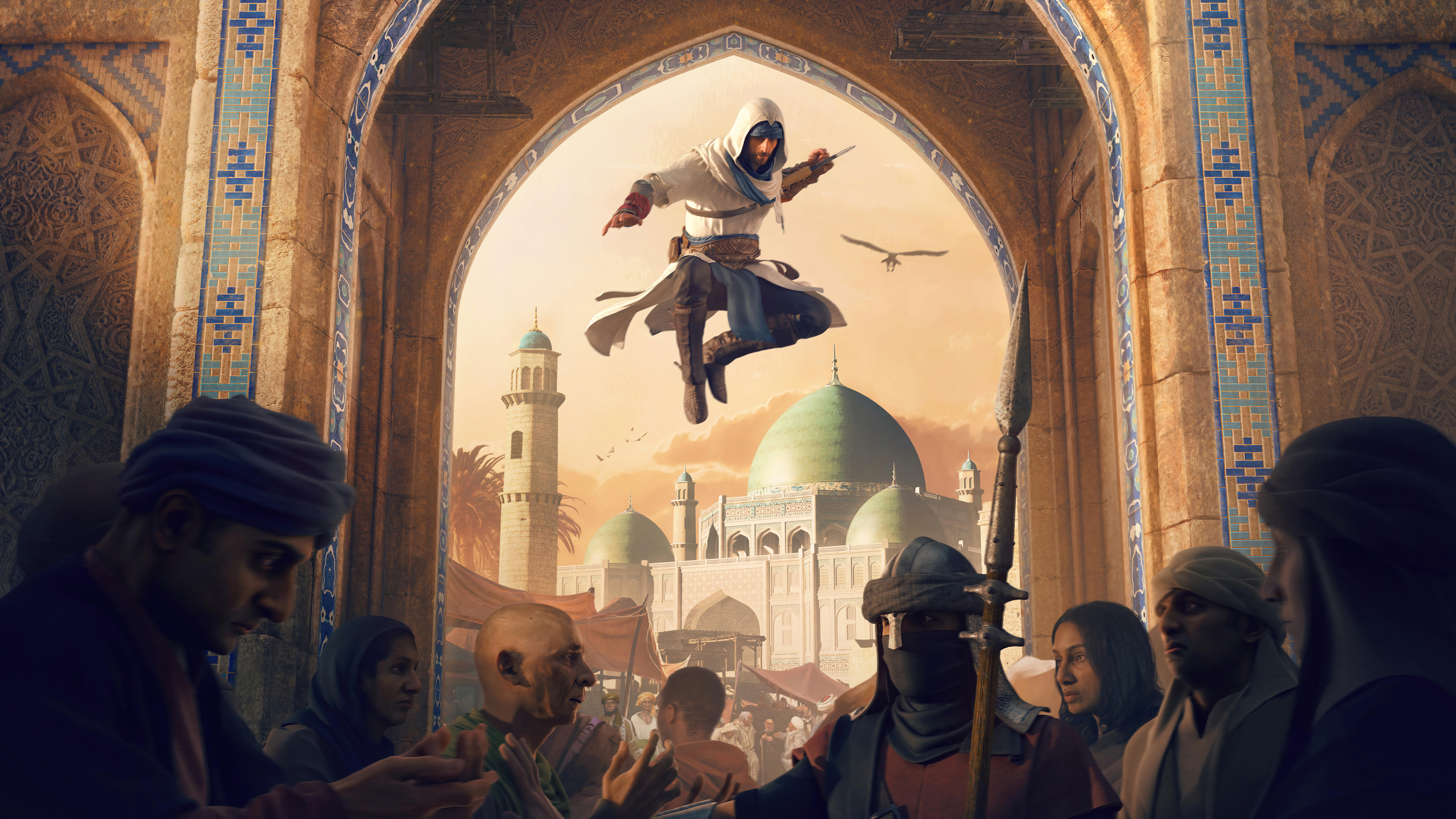 Basim Ibn Ishaq, de Assassin's Creed Mirage, vestido con su característico atuendo de asesino, que incluye una capa con capucha.