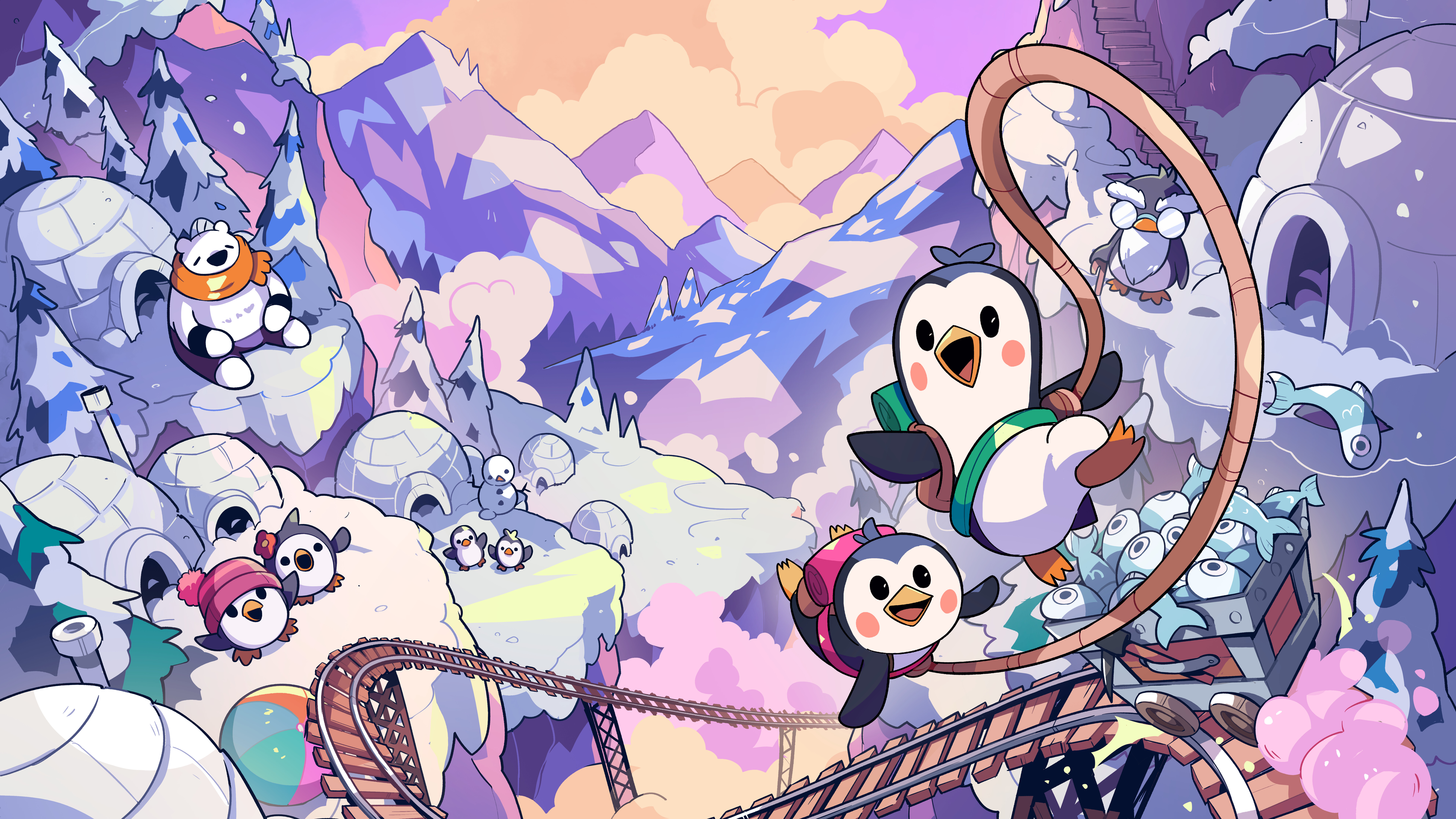 Dos adorables pingüinos, atados con una cuerda, escalan una montaña cubierta de nieve. Son personajes del juego Bread & Fred.