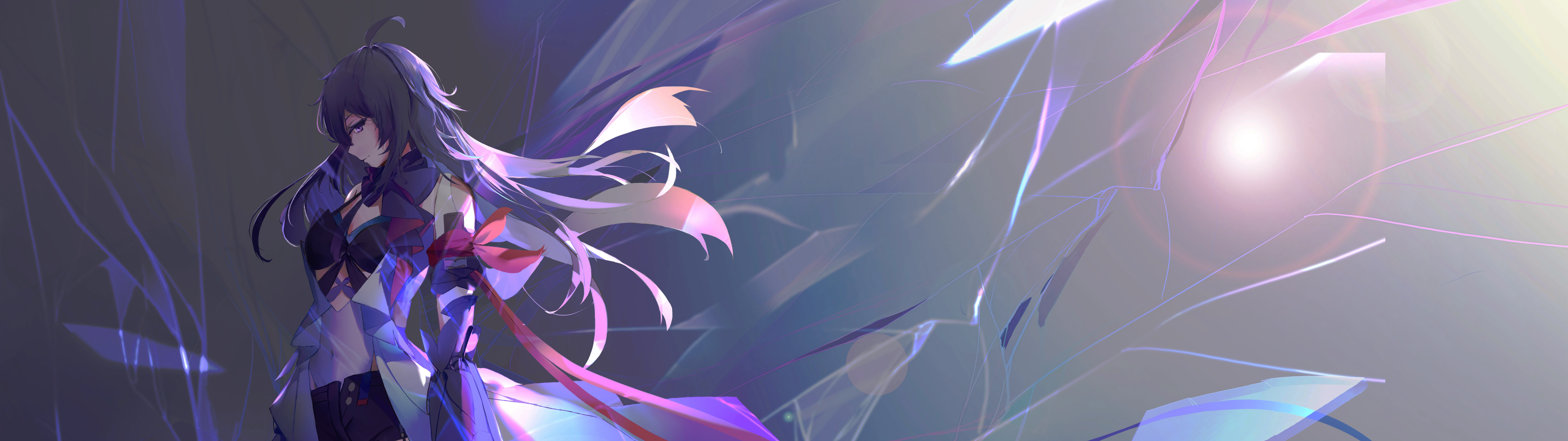 Un retrato cinematográfico de Seele Vollerei, de Honkai: Star Rail, que destaca su icónico cabello morado y la iluminación oscura y evocadora que la envuelve.