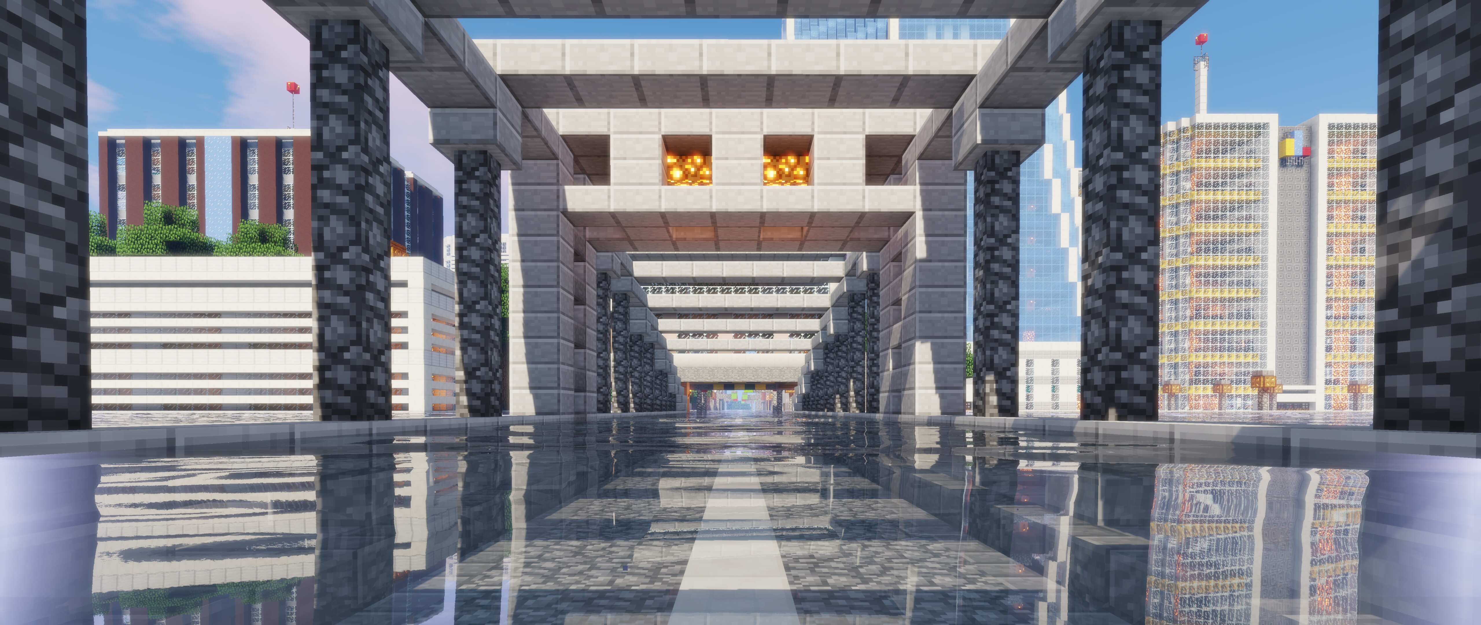 El personaje Steve, de Minecraft, está de pie en un hermoso paisaje de bloques con montañas.