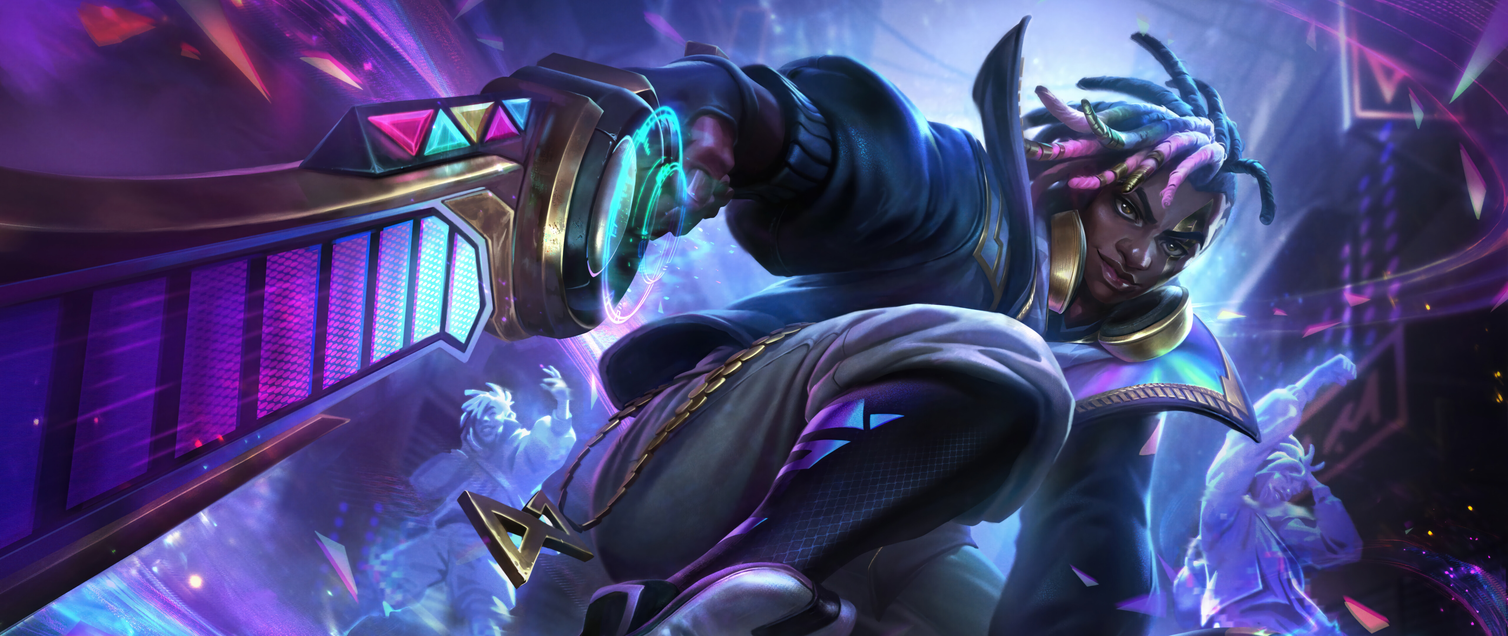 Una ilustración digital de gran detalle de Ekko, personaje de League of Legends, que presenta luces de neón y ropa urbana futurista.