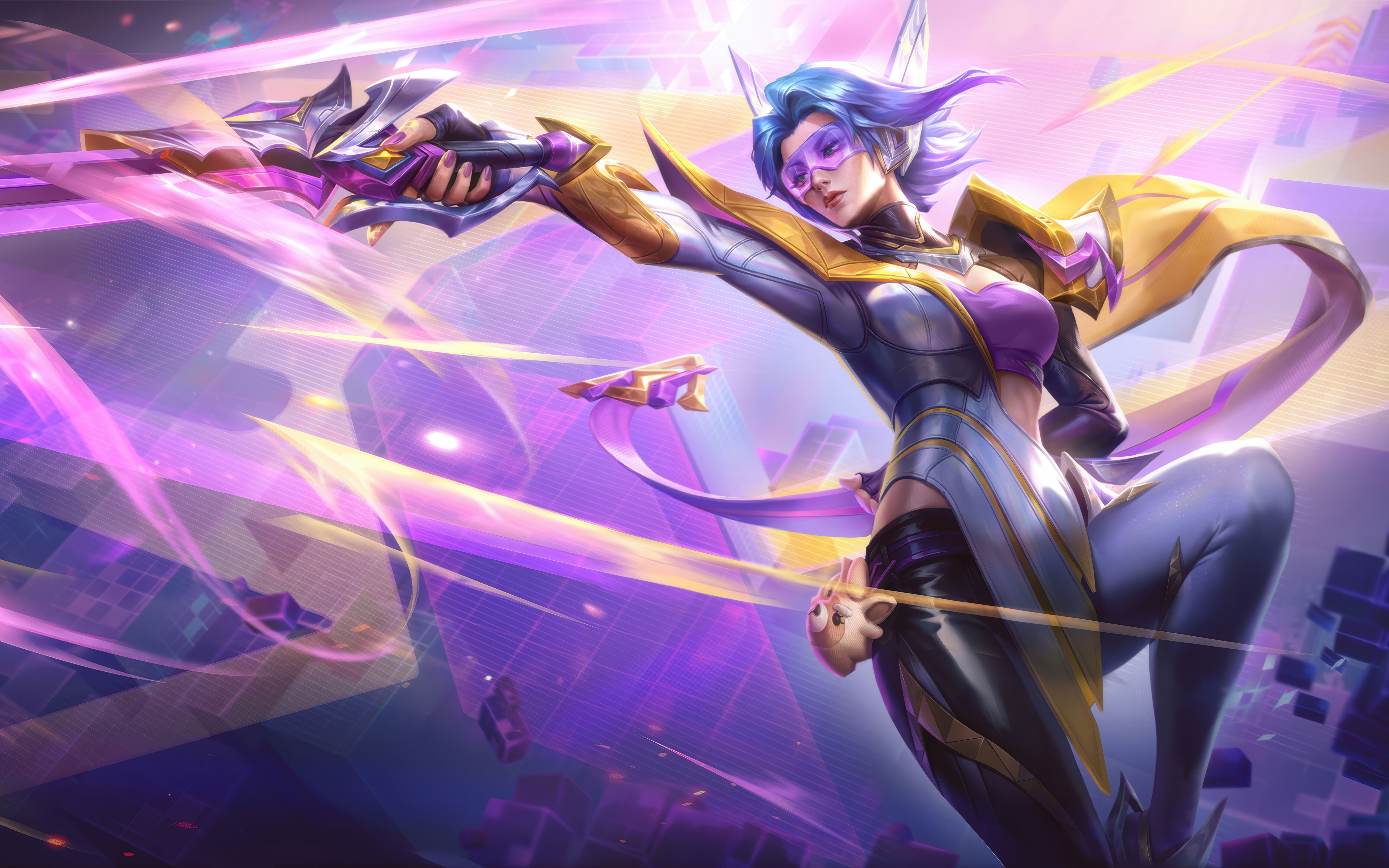 Fiora, de League of Legends: Wild Rift, en una pose lista para el combate, empuñando su característica espada ropera.