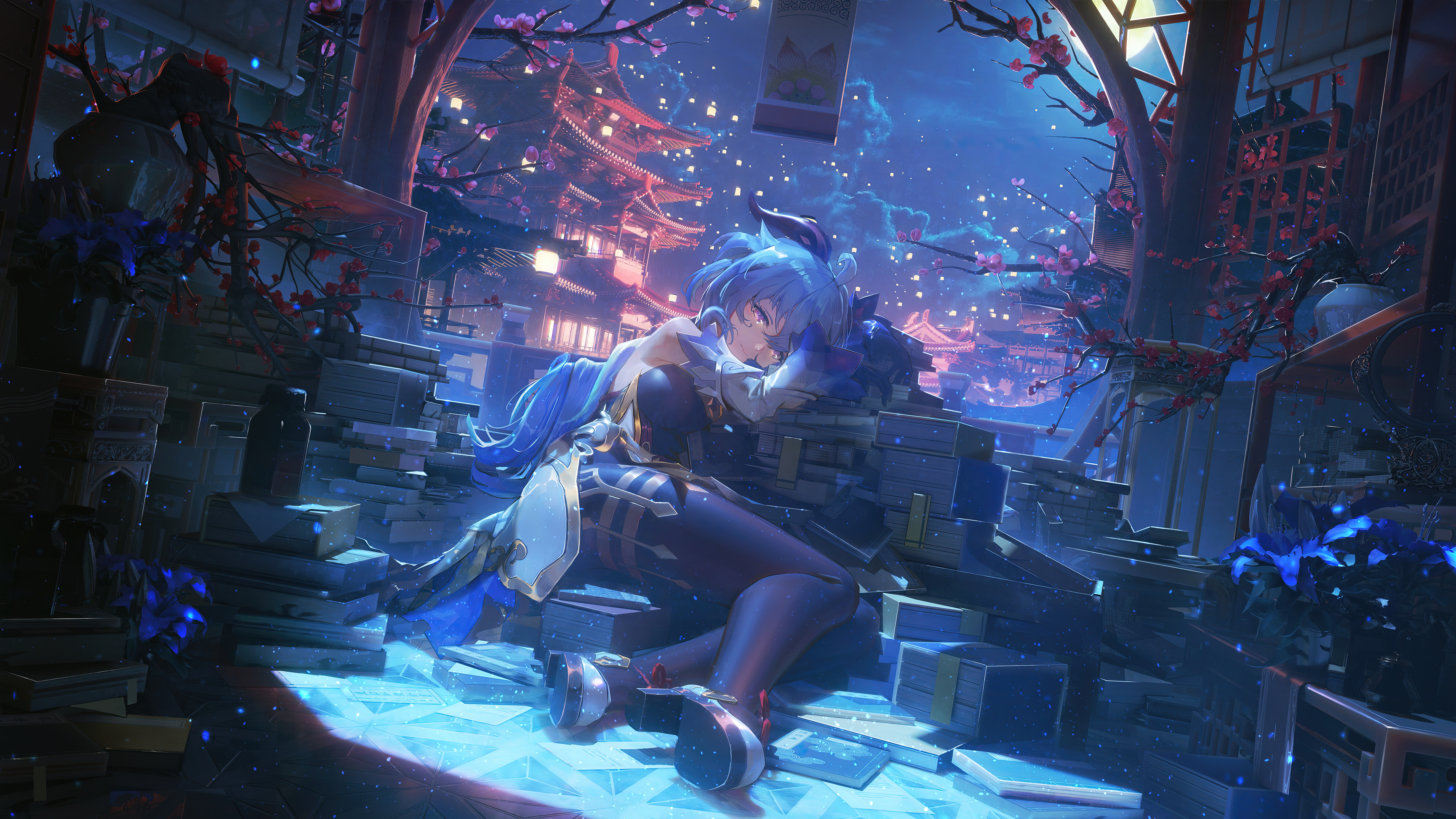 Una representación muy detallada de Ganyu, del juego Genshin Impact, que destaca sus característicos cuernos y su elegante diseño.