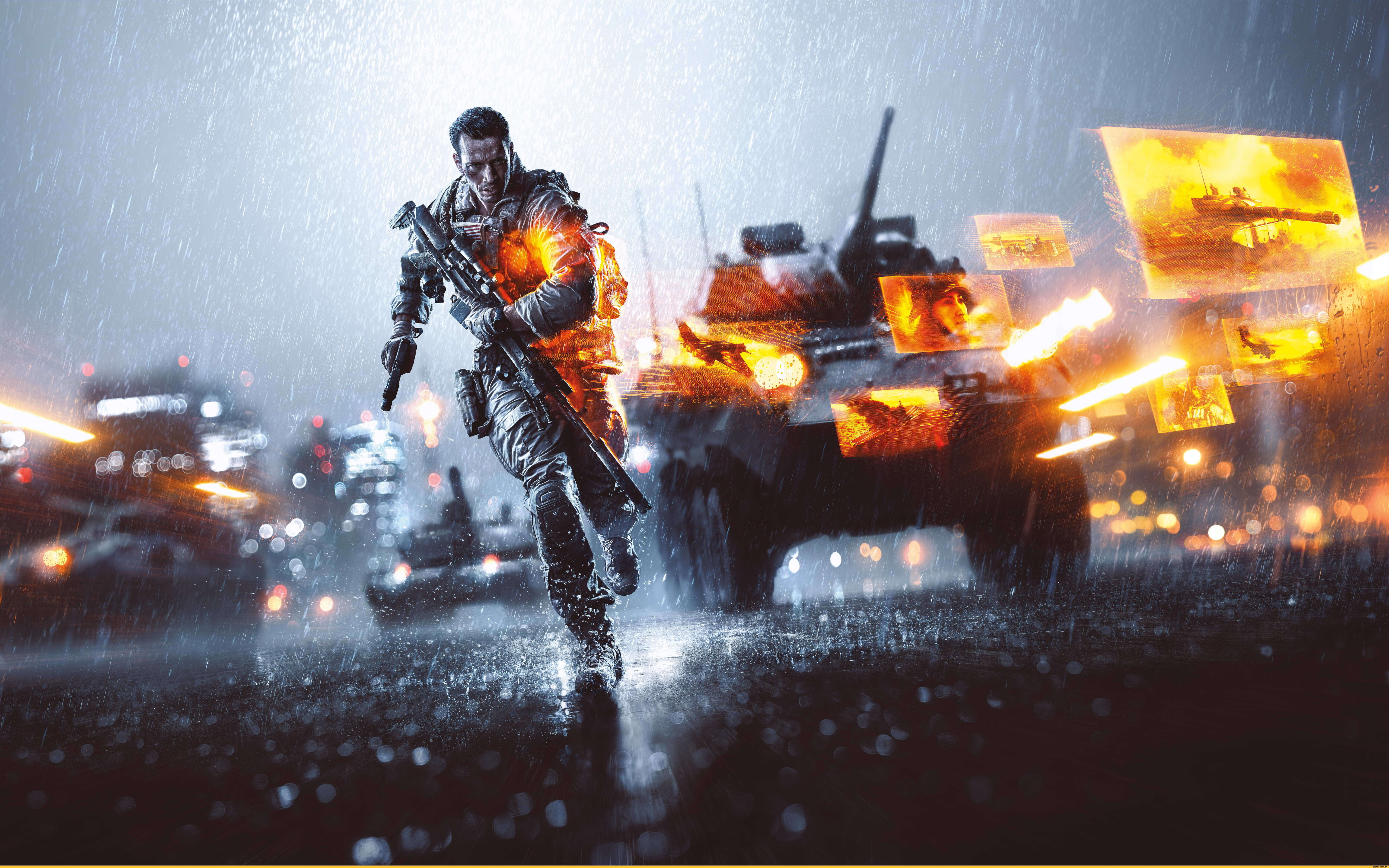 Un pesado tanque militar se desplaza por un campo de batalla lleno de humo y escombros durante una intensa operación de combate.