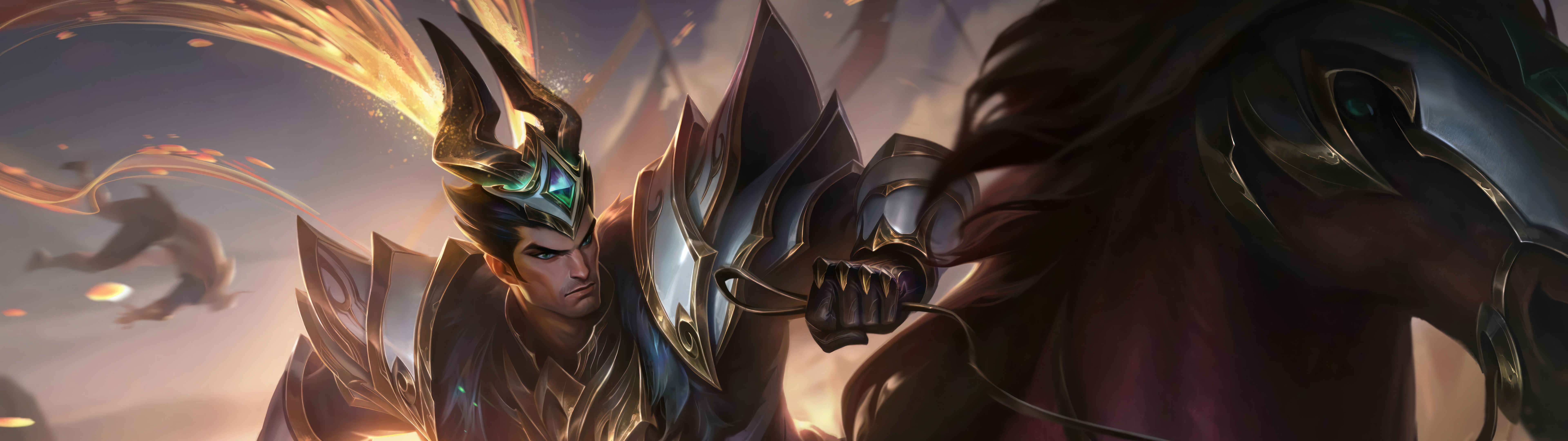 Jarvan IV, de League of Legends, empuña su característica lanza en una pose dramática.