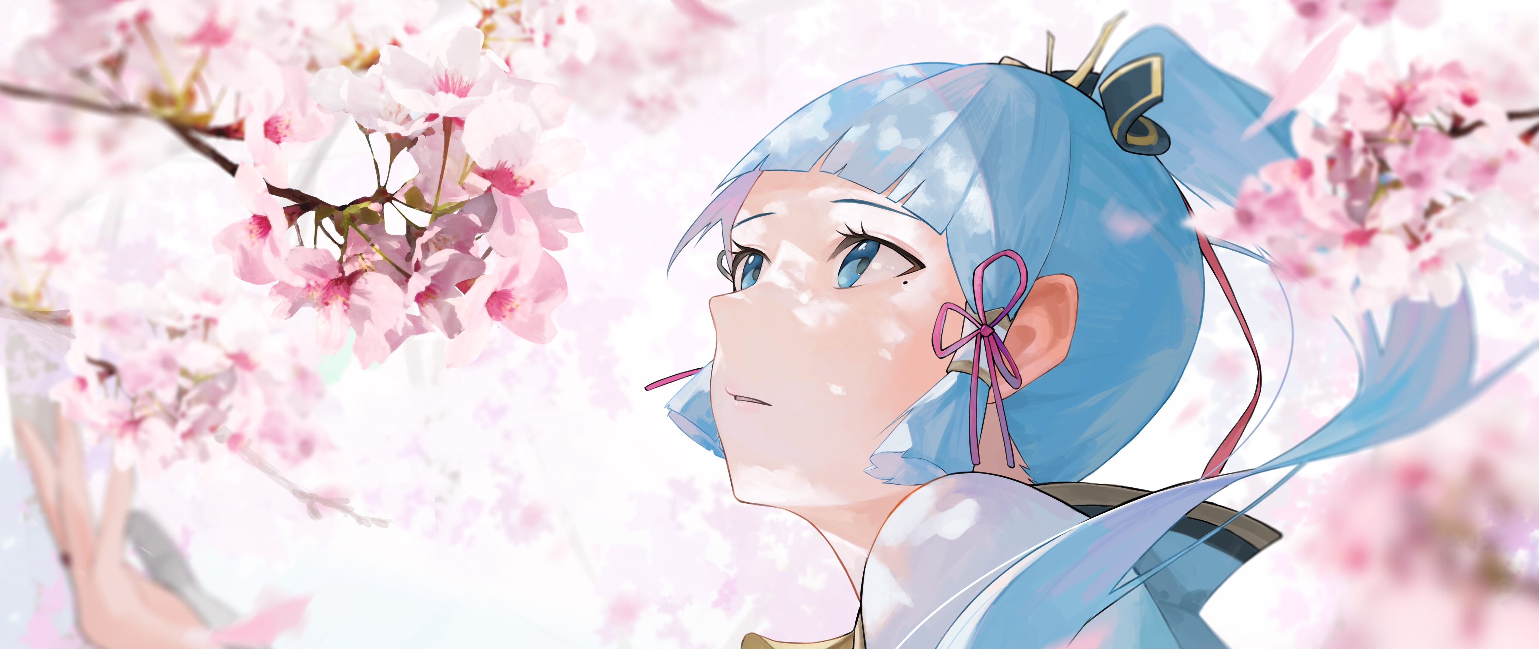 Un retrato detallado del personaje Kamisato Ayaka, de Genshin Impact.