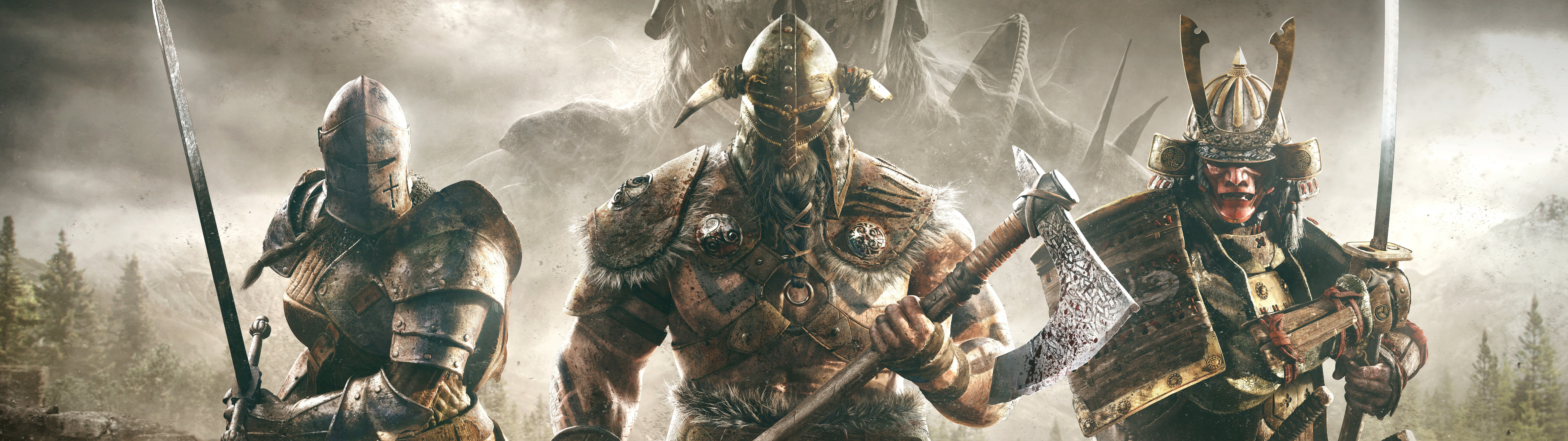 Un caballero fuertemente blindado, proveniente del videojuego For Honor, se preparaba para el combate medieval en un campo de batalla.