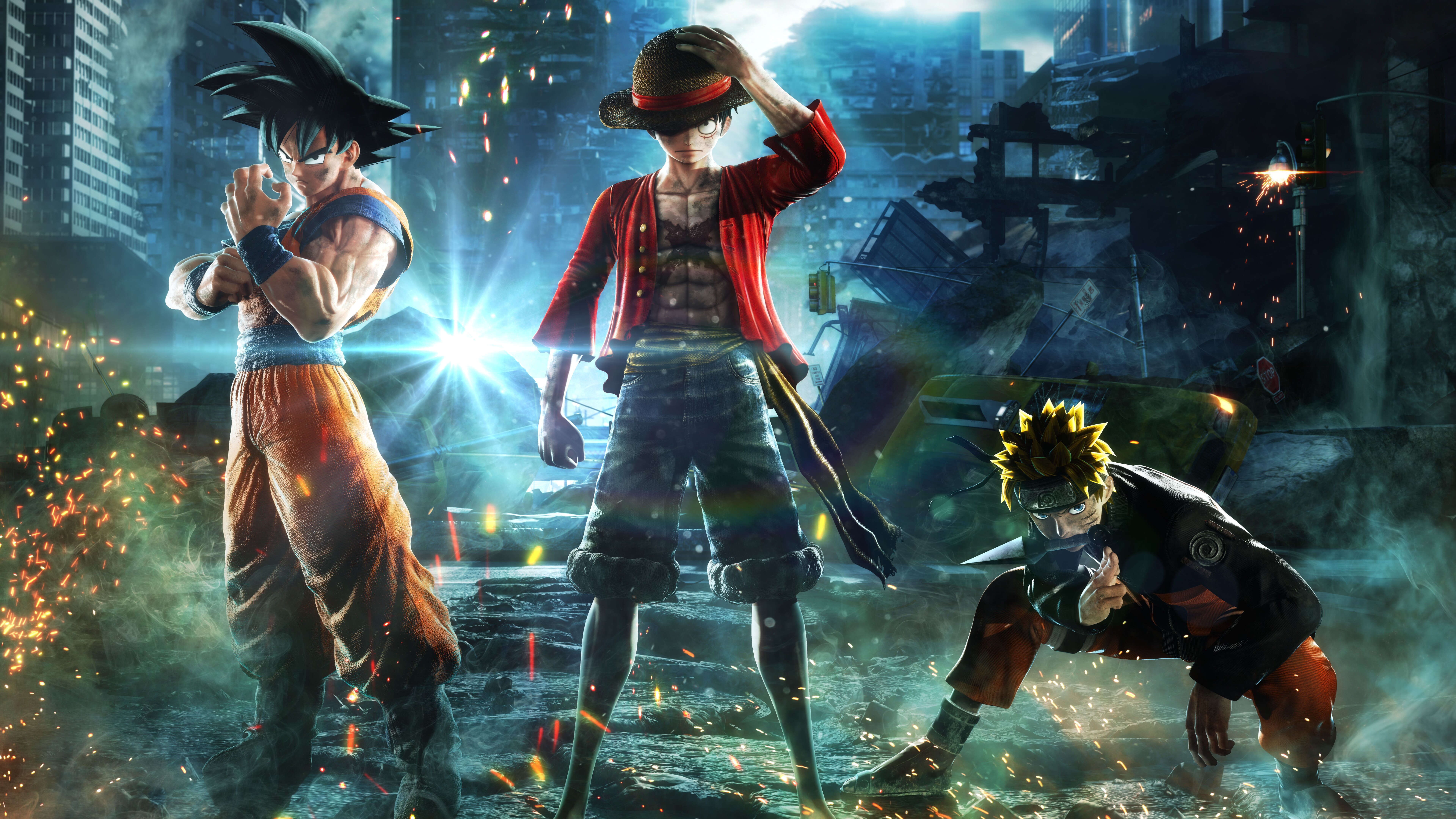 Naruto Uzumaki, Monkey D. Luffy y Goku, juntos, en una pose dramática de batalla inspirada en Jump Force.