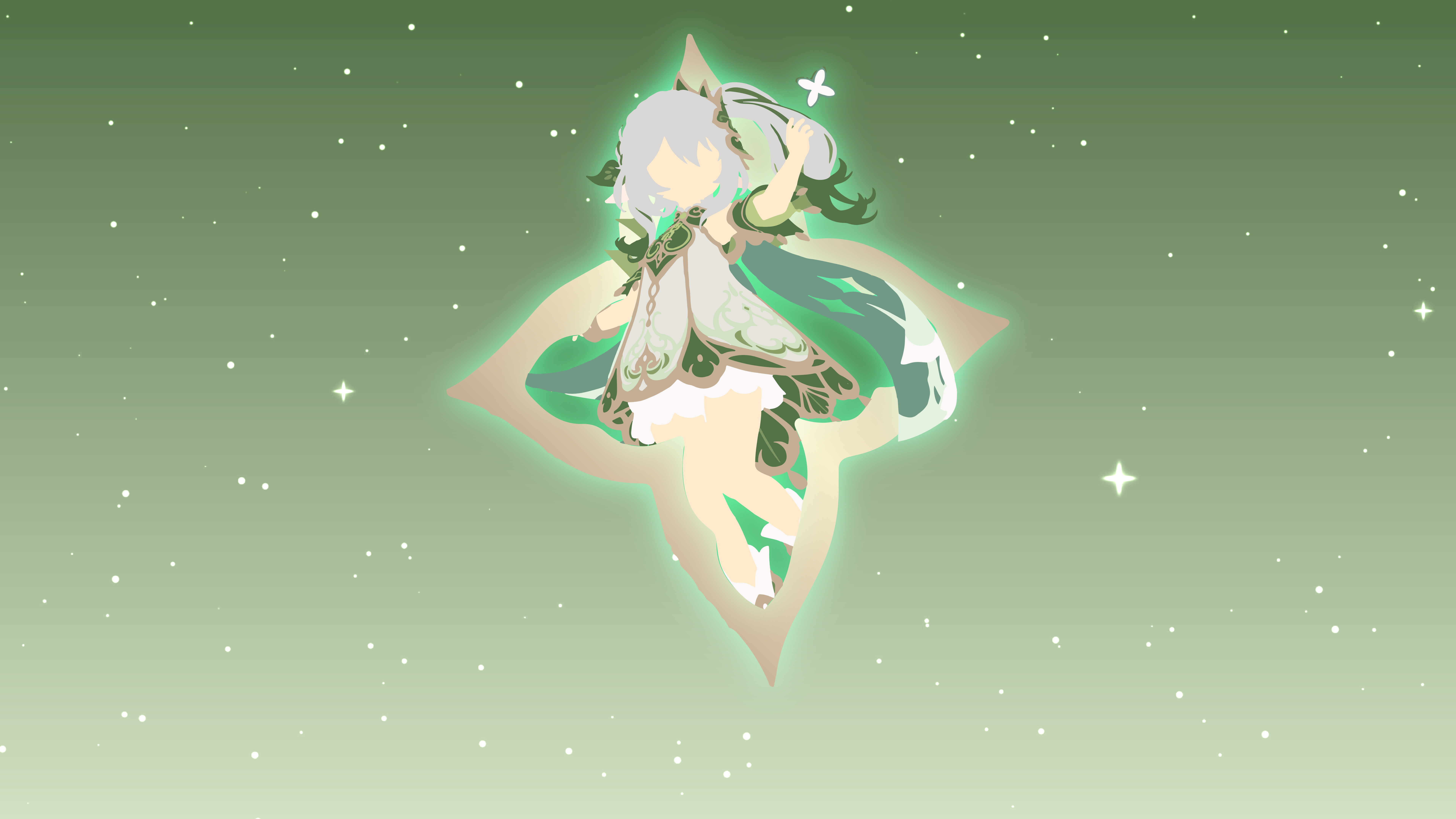 Un impresionante retrato de Nahida, de Genshin Impact, en el que se puede apreciar su característico atuendo verde y blanco, así como la temática del elemento Dendro.