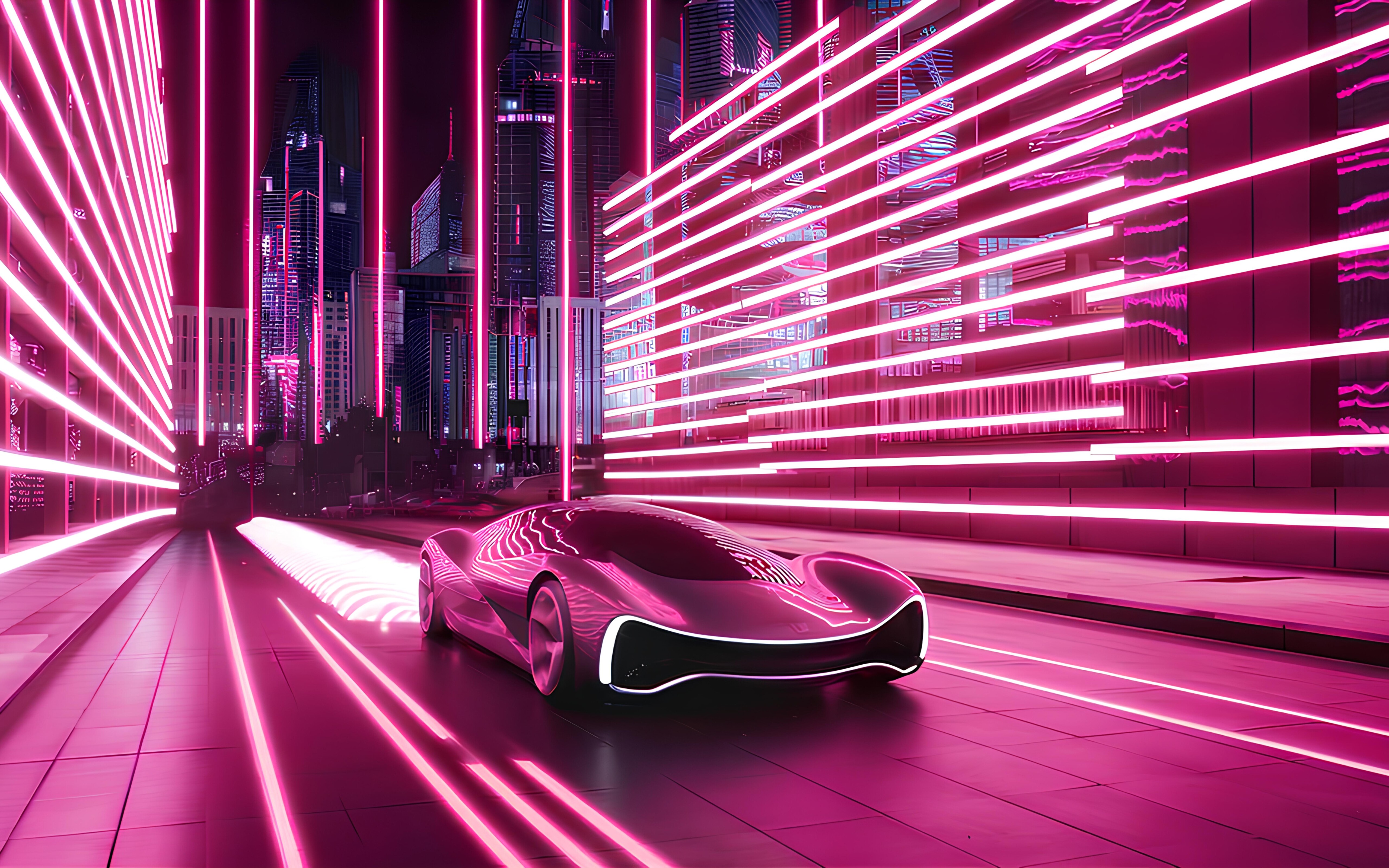 Un coche futurista de alta tecnología circulando por una ciudad iluminada con luces de neón durante la noche.