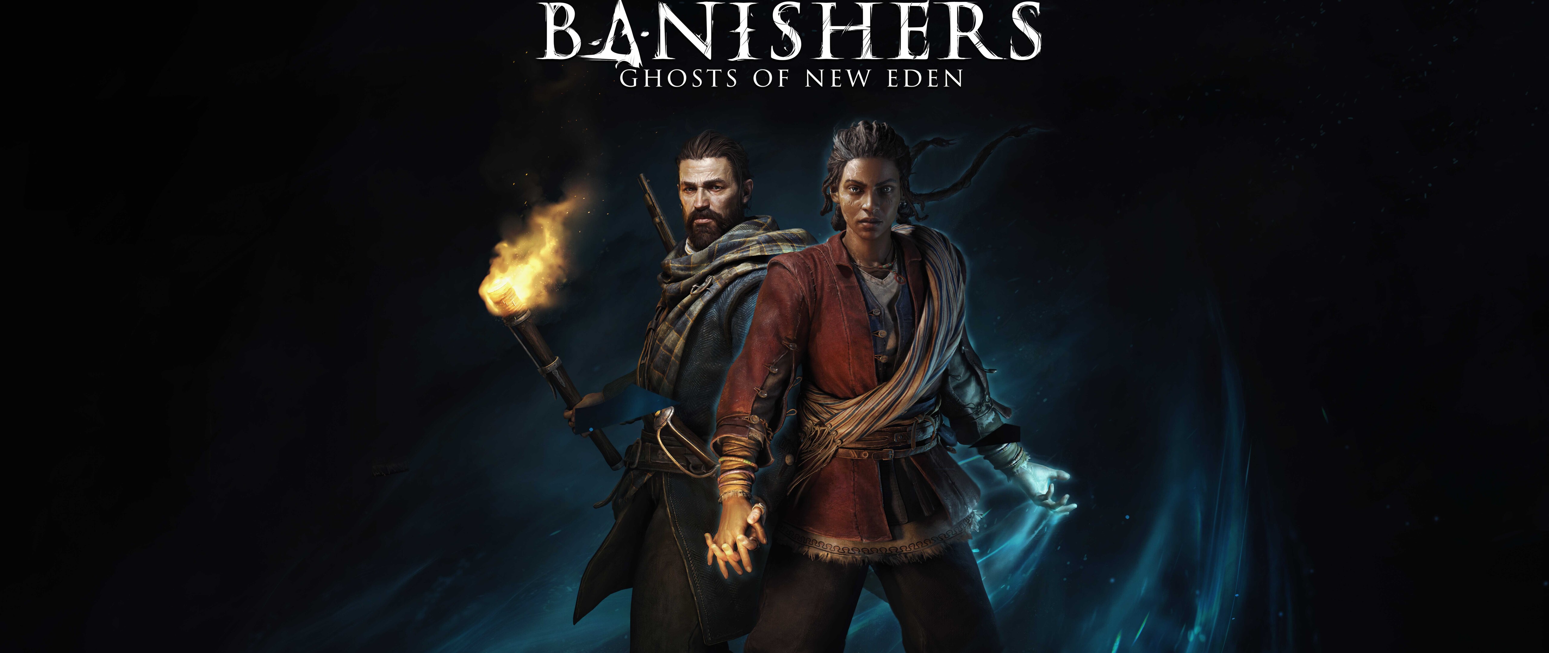 Los personajes Red y Antea, de Banishers: Ghosts of New Eden, se encuentran en un entorno brumoso y sobrenatural.