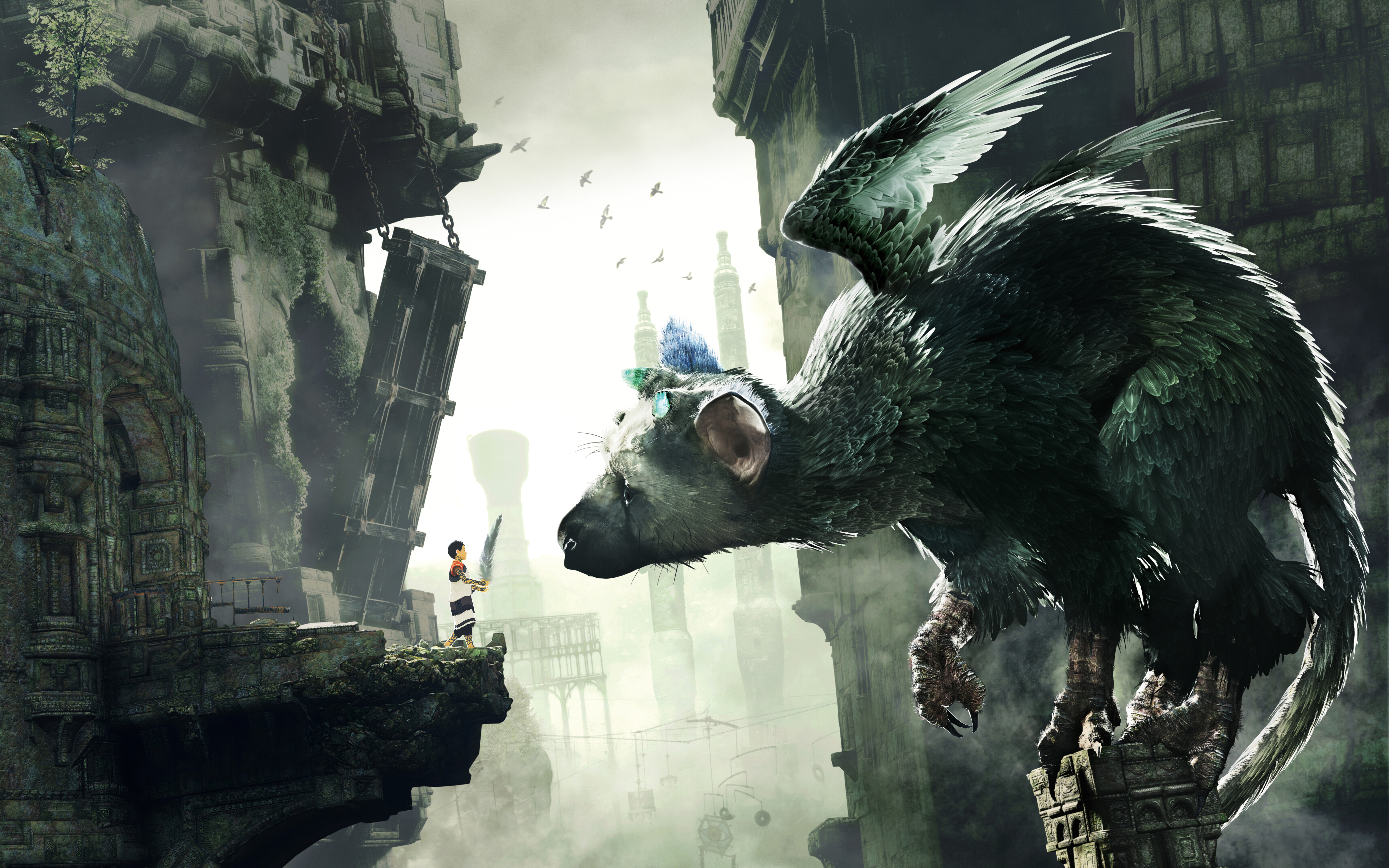 Trico, la emblemática criatura de The Last Guardian, se encuentra en medio de una antigua construcción de piedra.
