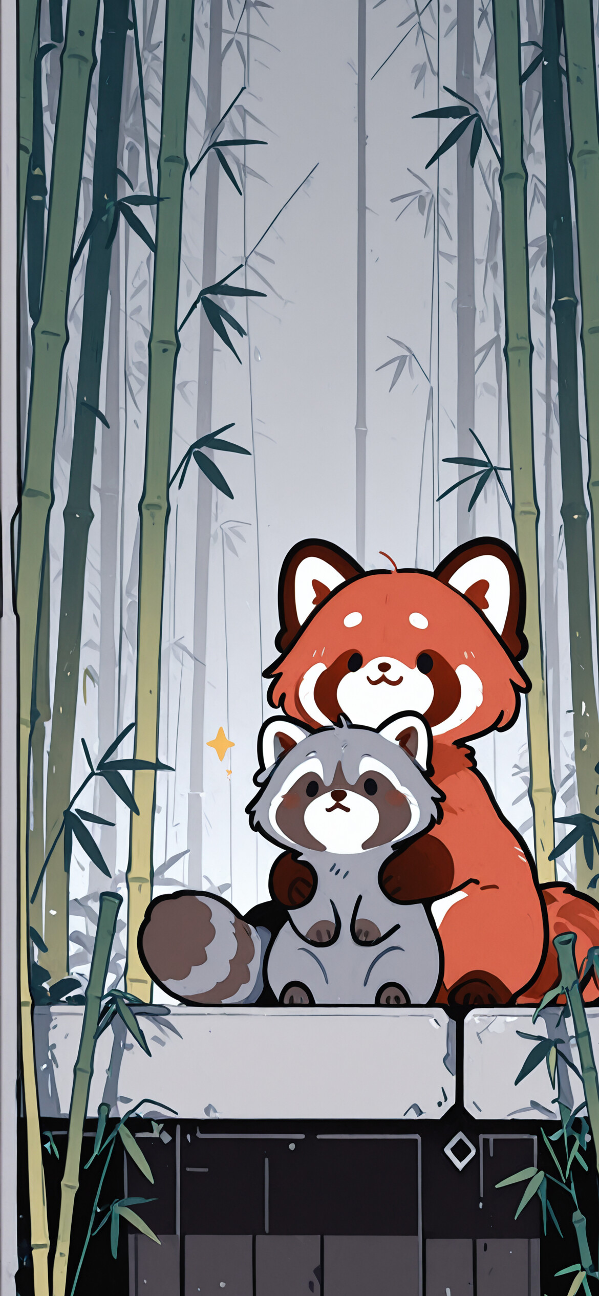 Un adorable panda rojo de dibujos animados está de pie en un bosque de bambú, abrazando a un pequeño mapache gris, también de estilo caricaturesco.