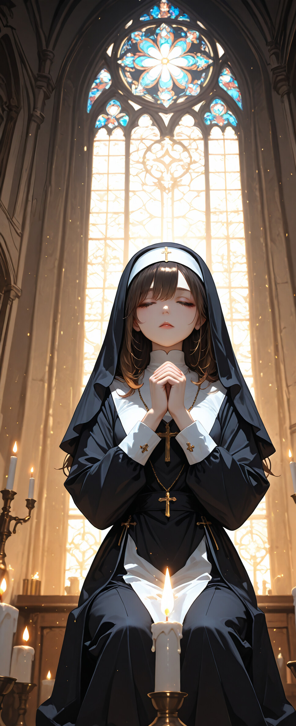 Una ilustración de estilo anime que representa a una joven monja de cabello rubio oscuro, arrodillada en oración dentro de una gran iglesia, iluminada por la luz que entra a través de un gran ventanal de vidrieras y las velas que la rodean.