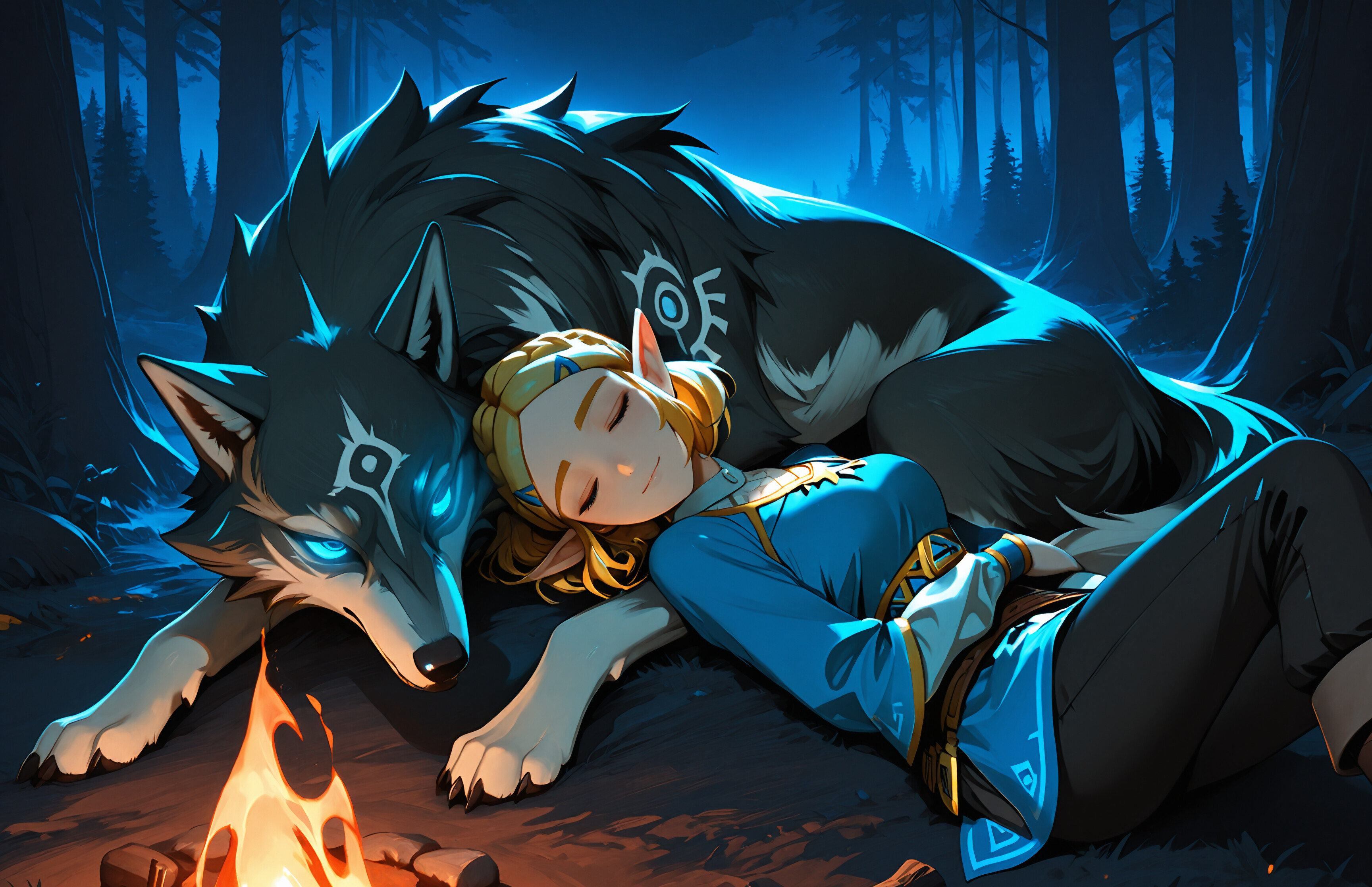 La princesa Zelda, vestida con su túnica azul, duerme plácidamente, apoyada contra el gran Wolf Link, de pelaje oscuro, junto a una fogata en un bosque durante la noche. Wolf Link está despierto, con sus ojos azules brillando, y la observa atentamente.