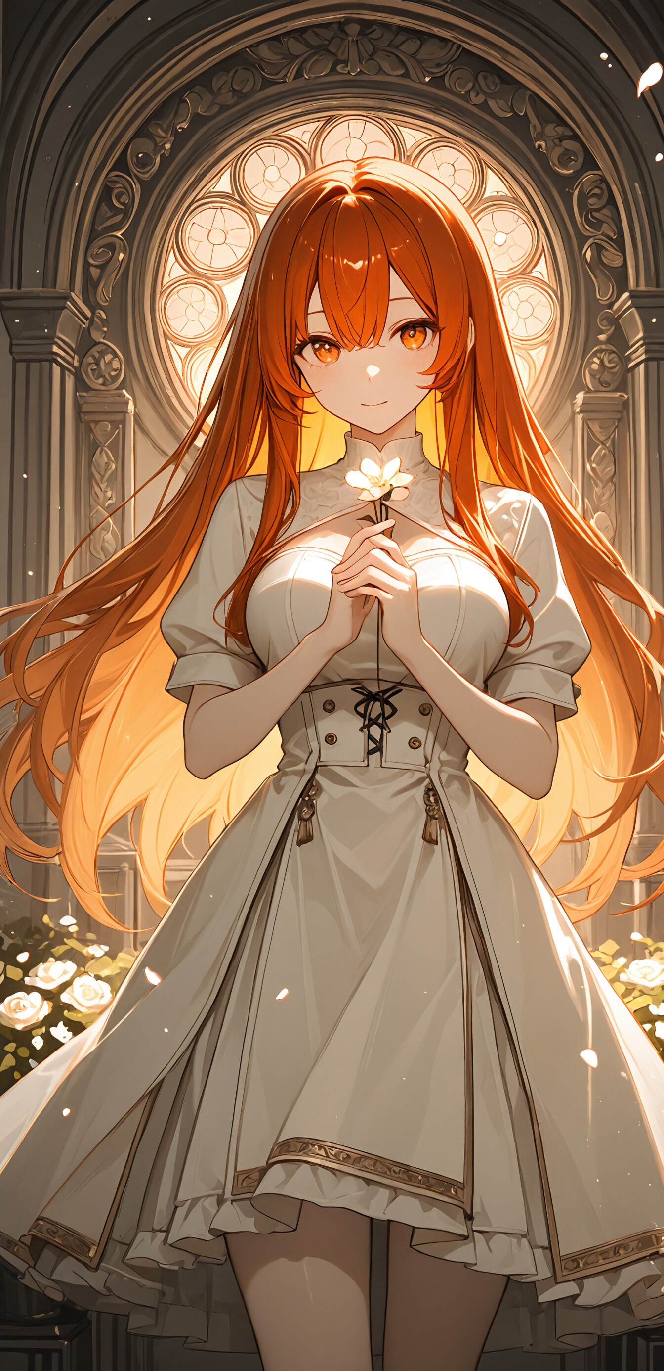 Una ilustración al estilo anime de Ritsuka Fujimaru (Gudako) de Fate/Grand Order, una joven con el pelo largo y de color naranja brillante y los ojos color ámbar, que lleva un elegante vestido negro en un jardín oscuro lleno de rosas doradas.