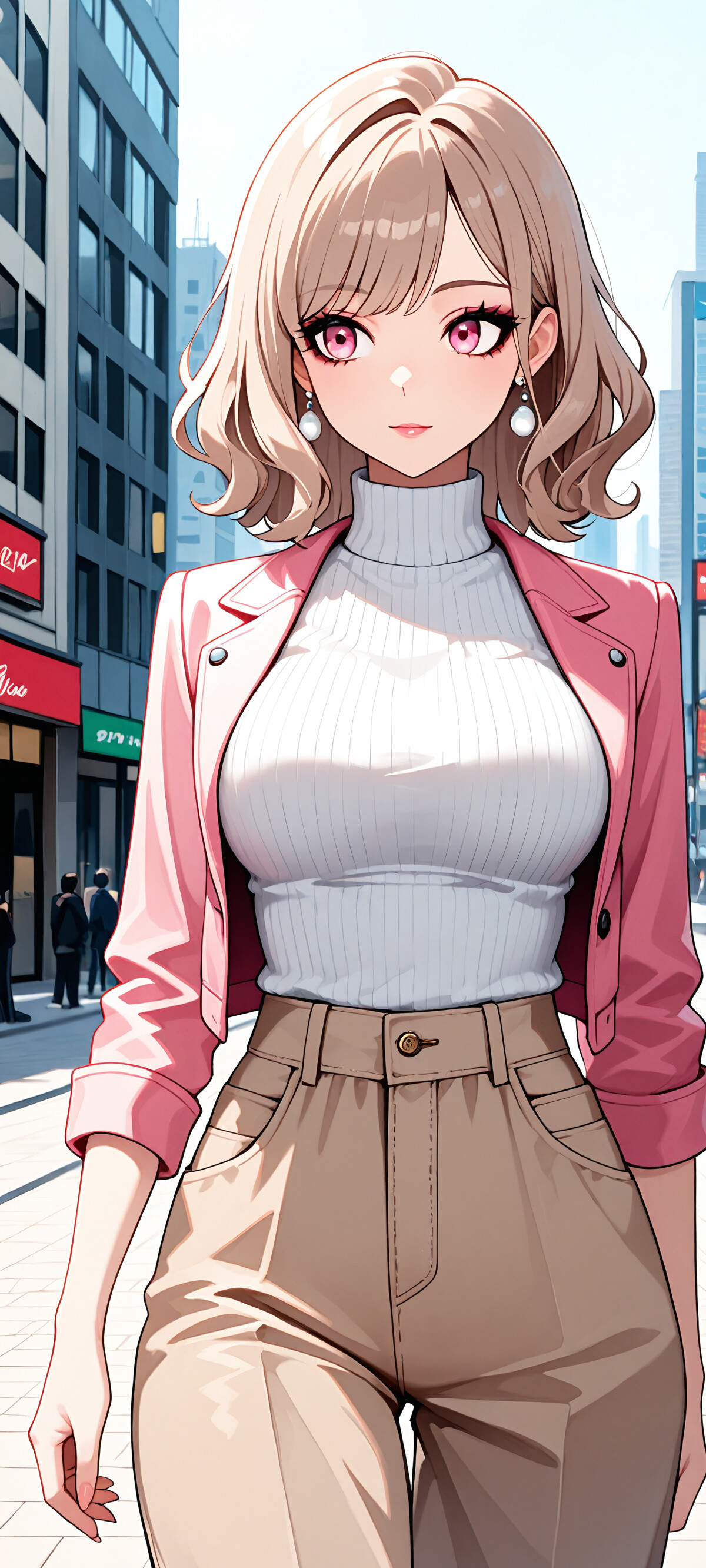 Una ilustración de estilo anime que representa a una joven moderna, con cabello rubio y ondulado y ojos rosas, caminando por una calle de la ciudad. Lleva una chaqueta rosa, un jersey de cuello alto blanco y pantalones color beige.