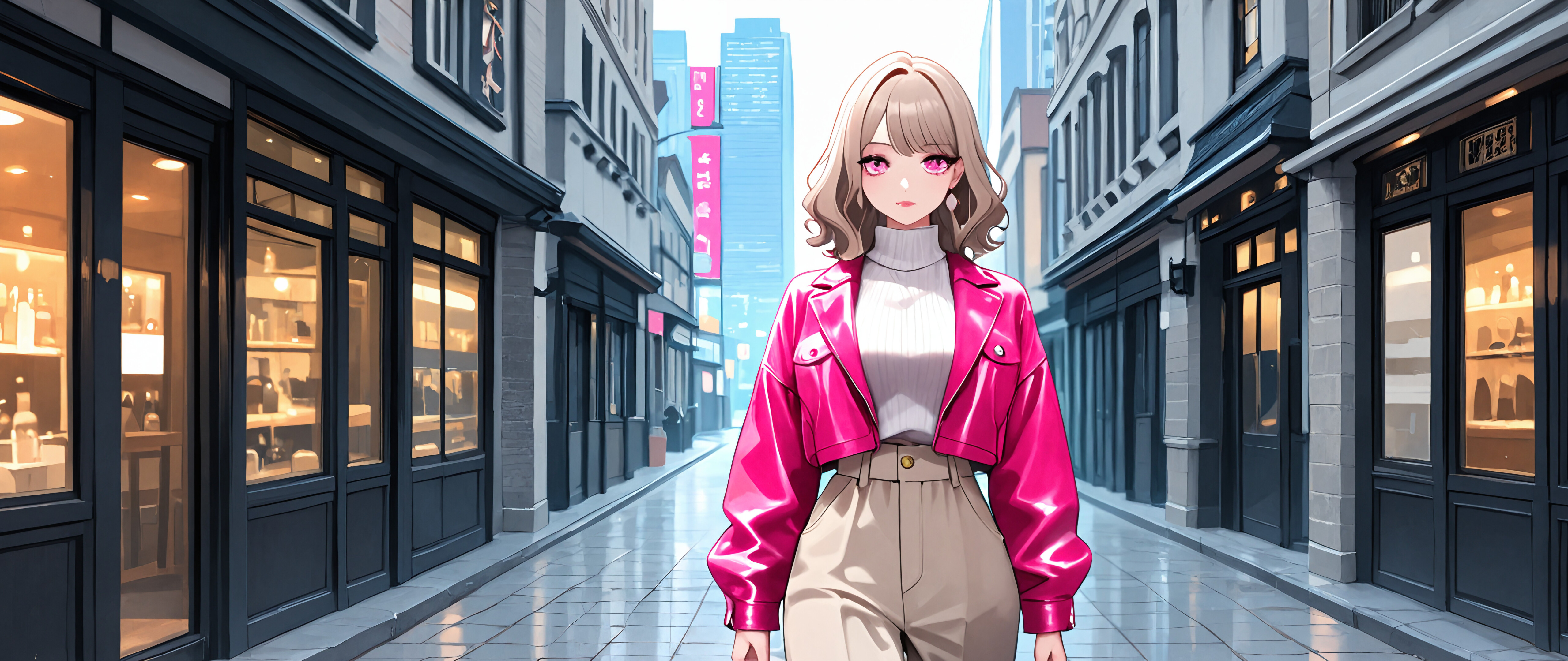 Una ilustración de estilo anime que representa a una joven moderna, con cabello rubio y ondulado y ojos rosas, caminando por una calle de la ciudad. Lleva una chaqueta rosa, un jersey de cuello alto blanco y pantalones color beige.