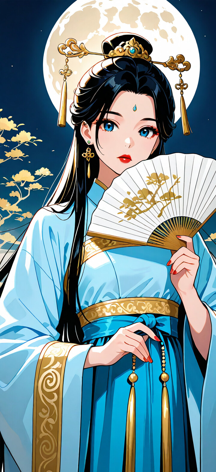 Una ilustración de estilo anime que representa a una hermosa joven con el pelo largo y negro y los ojos azules, vestida con un tradicional hanfu chino de color azul y dorado. Sostiene un abanico dorado y está de pie frente a un fondo circular que representa un cielo nocturno estrellado con nubes doradas.
