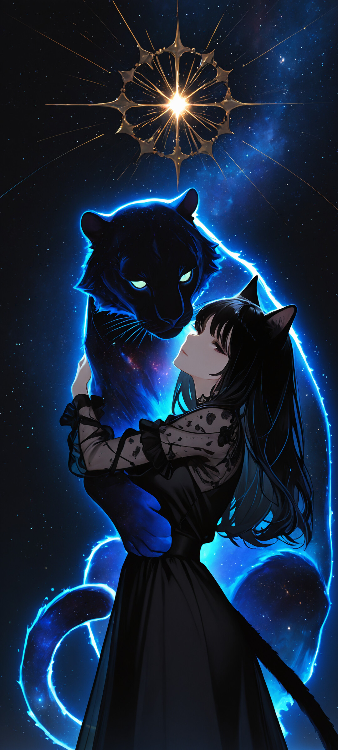 Una chica con apariencia de gato al estilo anime, con el pelo corto y negro y un largo vestido negro con mangas transparentes, abraza a una gran pantera negra. Ambos están rodeados de un aura azul frente a un fondo espacial estrellado, con un planeta debajo y un símbolo celestial dorado en la parte superior.