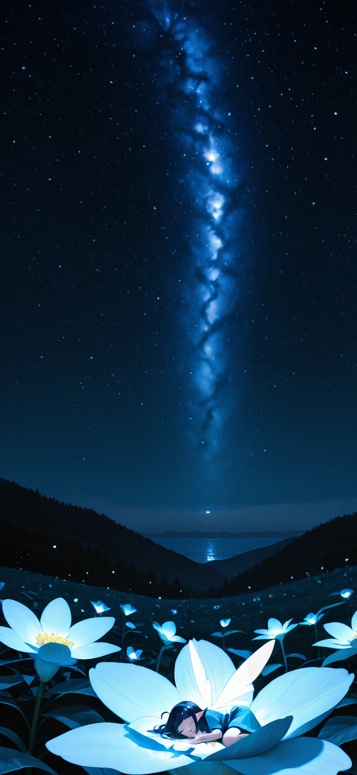 Una niña pequeña, de cabello oscuro, duerme plácidamente en el centro de una enorme flor azul luminiscente, bajo un cielo nocturno estrellado y brillante, con una franja de la Vía Láctea que parece descender hacia ella.