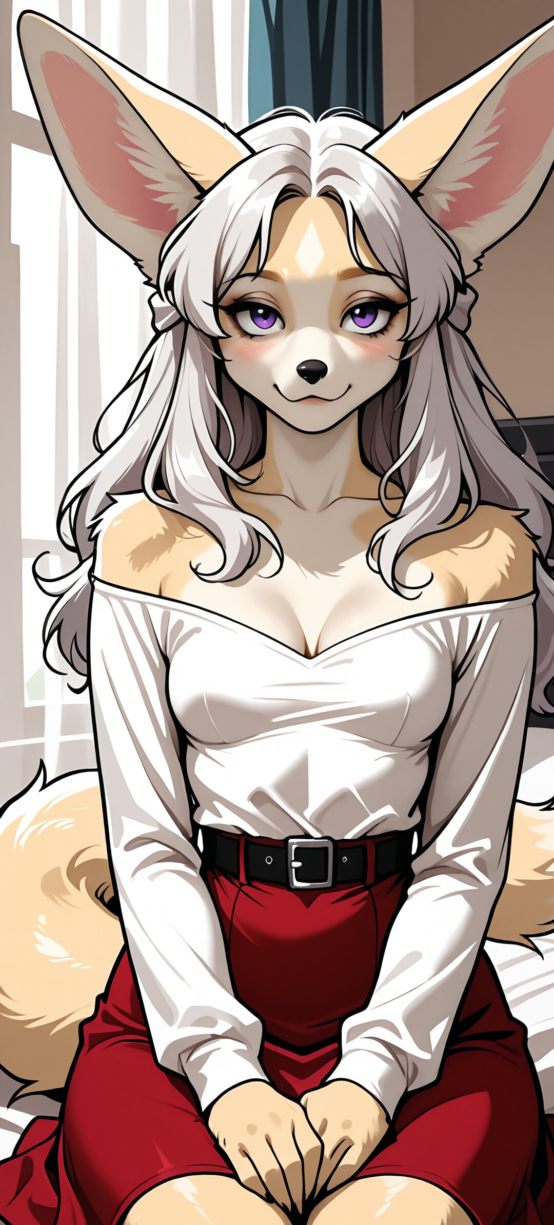 Una ilustración de estilo anime que representa a una zorra fennec femenina, con el pelo largo y plateado y los ojos de color púrpura. Lleva una blusa blanca que deja los hombros al descubierto y una falda roja.
