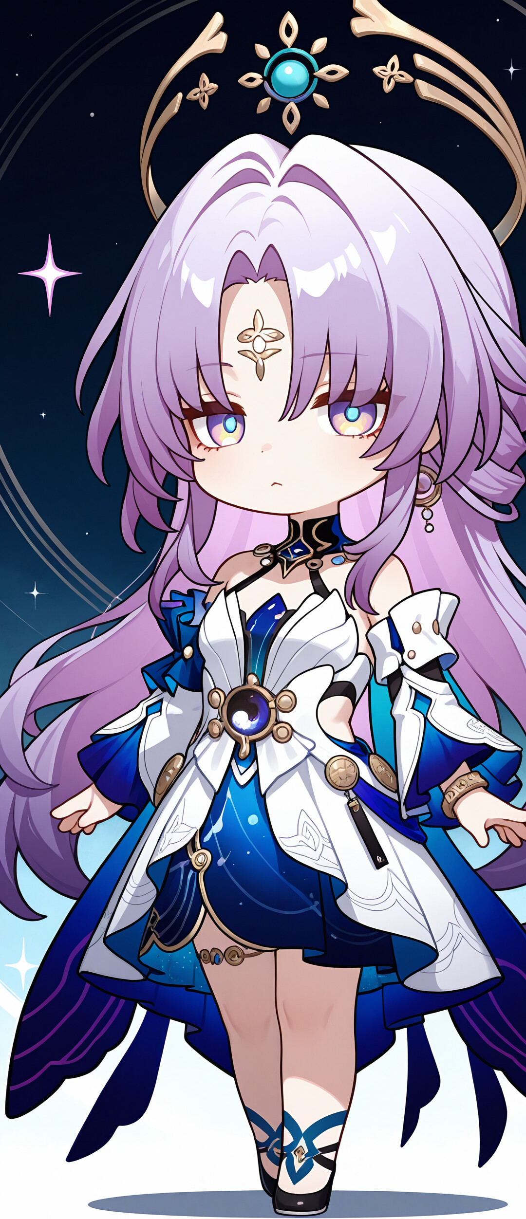 Un adorable dibujo en estilo chibi de Fu Xuan, de Honkai: Star Rail. Tiene el pelo largo y rosa, una diadema dorada y un detallado vestido blanco y azul, y aparece de pie sobre un fondo oscuro con estrellas.