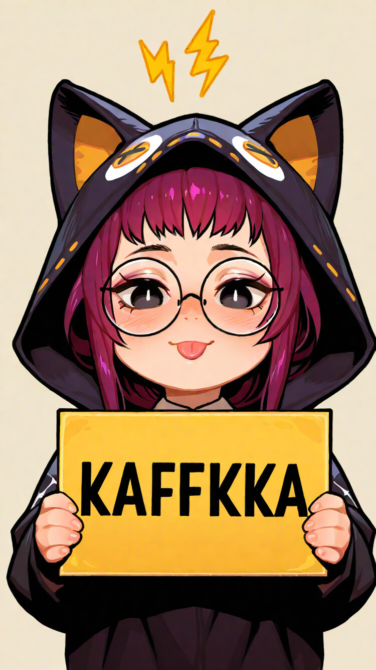 Una ilustración al estilo chibi de Kafka, de la serie Arknights. Tiene el pelo morado, lleva gafas redondas y está usando una sudadera negra con forma de orejas de gato. Está sacando la lengua de forma juguetona y sostiene un cartel blanco con un rayo amarillo dibujado en él.