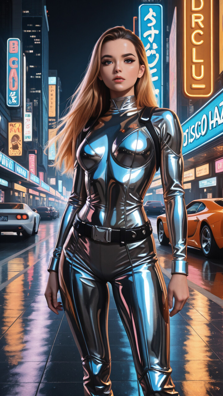 Ilustración completa de una mujer con un traje de combate futurista, de color negro y plateado, caminando por una calle húmeda de la ciudad durante la noche, flanqueada por dos coches antiguos plateados y rodeada de brillantes letreros de neón.