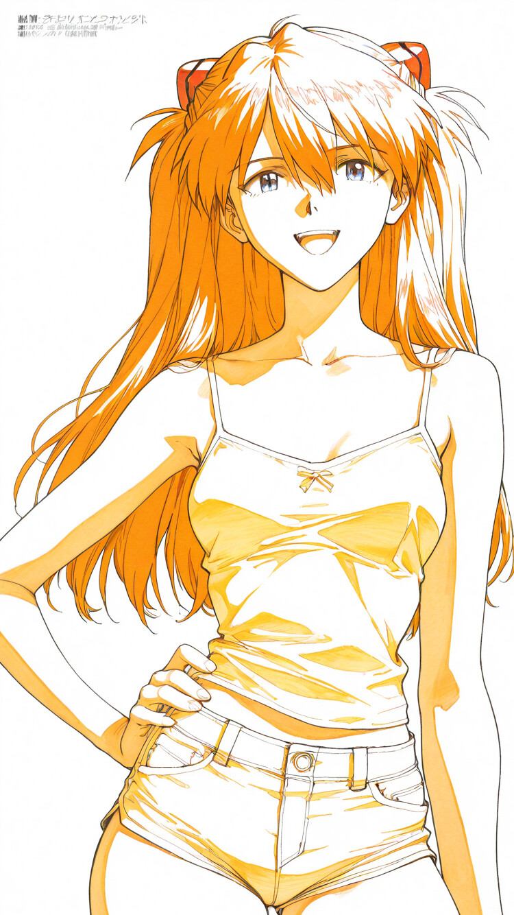 Una ilustración en blanco y negro de Asuka Langley Soryu, de la serie Neon Genesis Evangelion, sonriendo con confianza y con una mano en la cadera. Tiene el pelo naranja recogido en dos coletas y lleva un camisón blanco y unos pantalones cortos blancos sobre un fondo blanco liso.