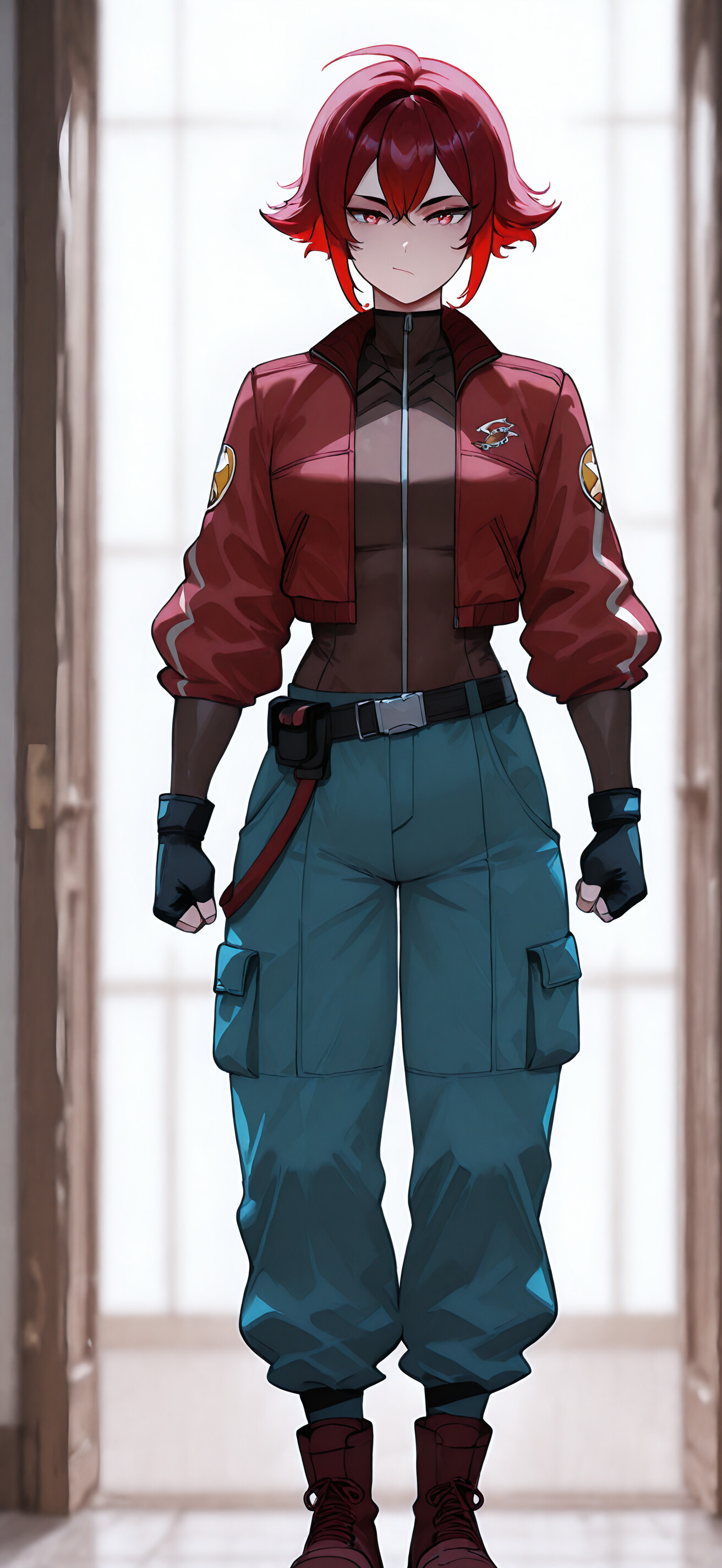Una ilustración de cuerpo entero que representa a una mujer musculosa de estilo anime, con el pelo corto y rojo y los ojos rojos. Lleva una chaqueta roja, pantalones cargo azules y botas de combate, y está de pie en un largo pasillo flanqueado por pilares.