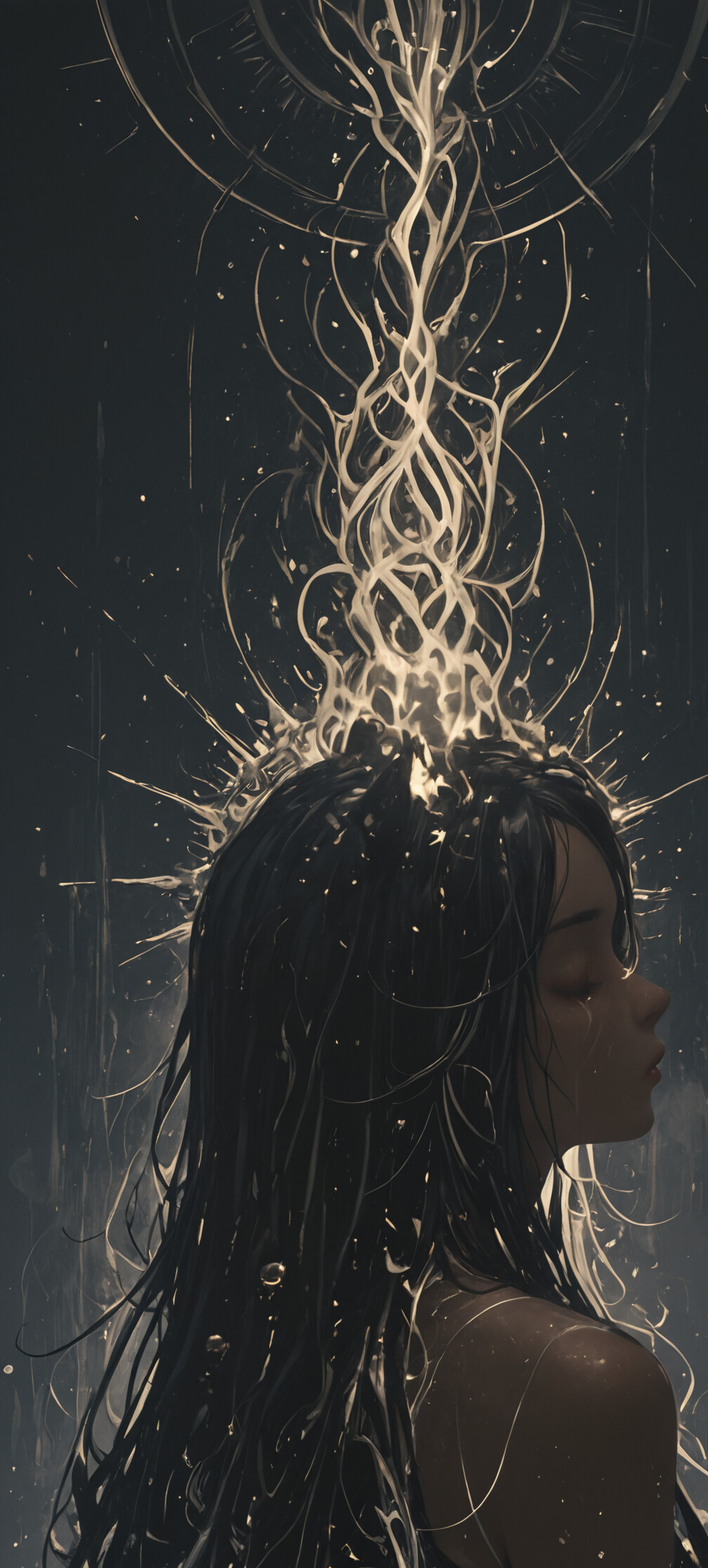 Una pintura digital que representa a una joven serena, de cabello largo y negro y orejas de gato negras, mostrada de perfil. Tiene los ojos cerrados sobre un fondo oscuro y cósmico, con un gran y brillante diseño celestial dorado detrás de ella.