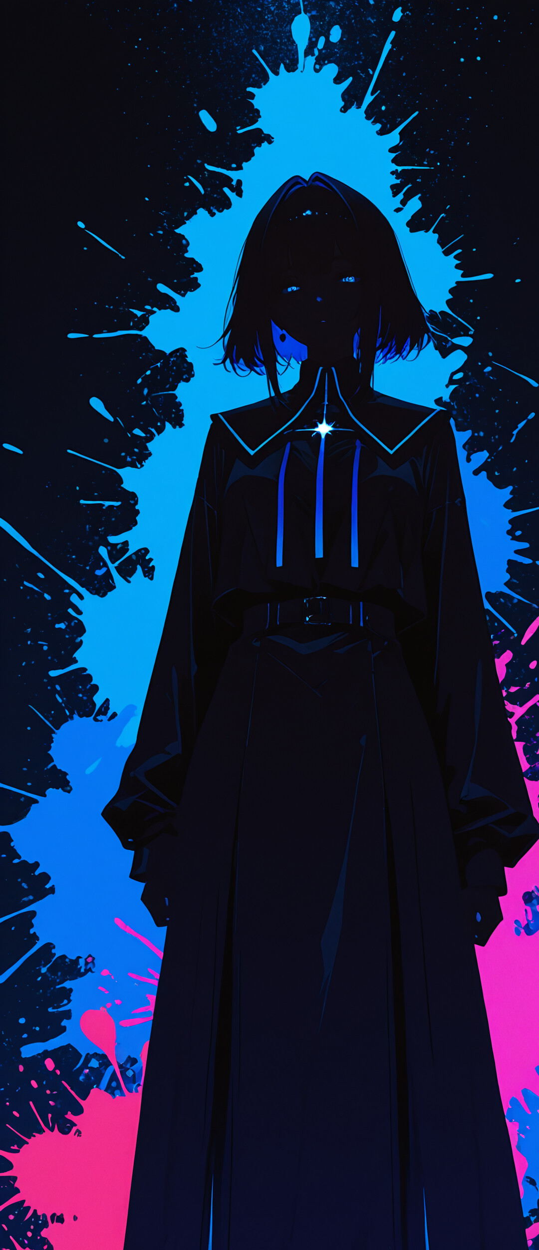 Retrato digital de una mujer con cabello largo y negro y ojos rojos brillantes, sobre un fondo de salpicaduras de pintura rosa neón y azul.