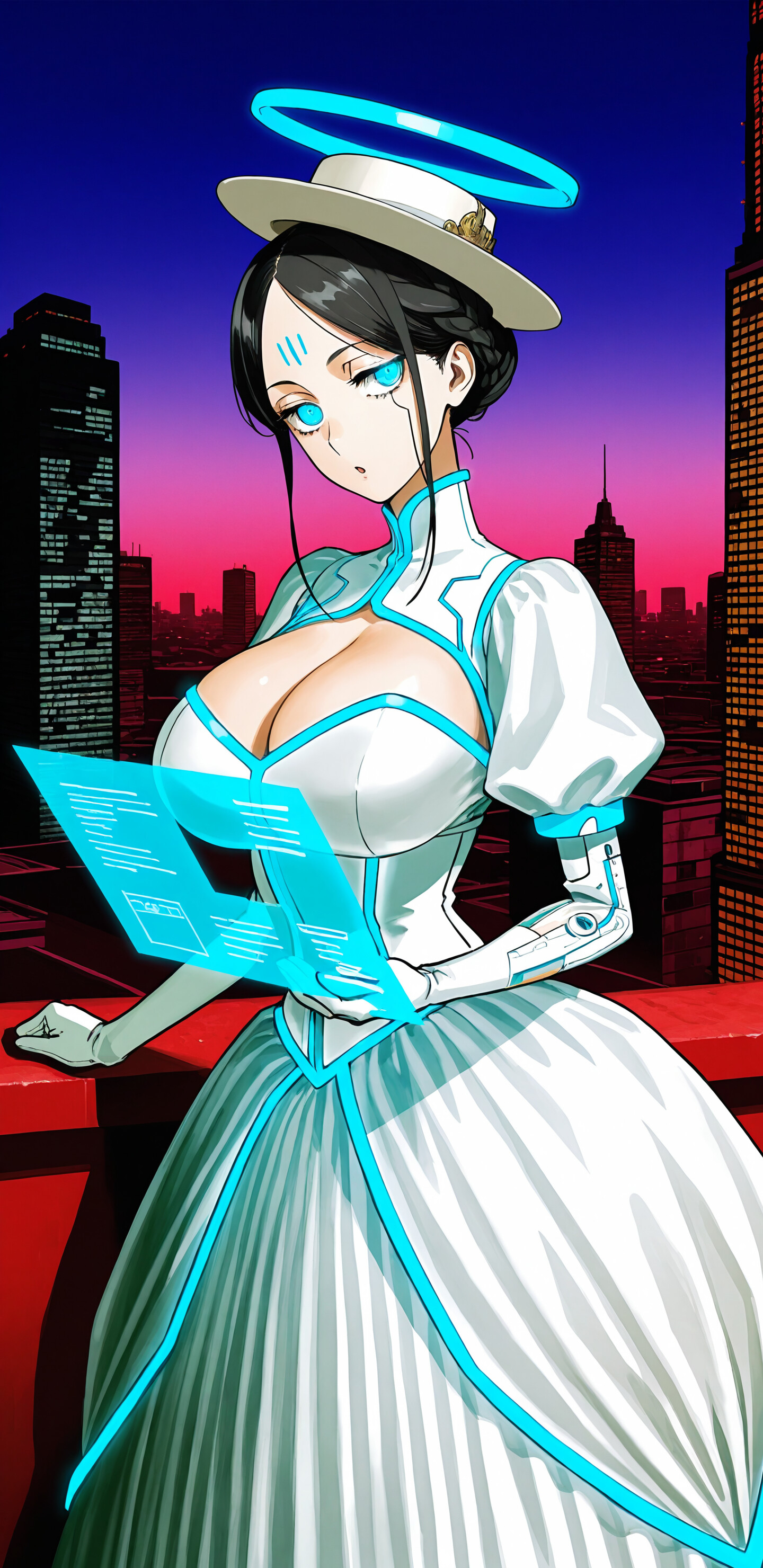 Una mujer con un estilo de anime, vestida con un elegante y futurista traje victoriano blanco y azul y un sombrero a juego, se encuentra sobre el tejado de un edificio al atardecer, sosteniendo una tableta holográfica brillante frente al horizonte de una ciudad iluminada con luces de neón. Un halo azul flota sobre su cabeza.