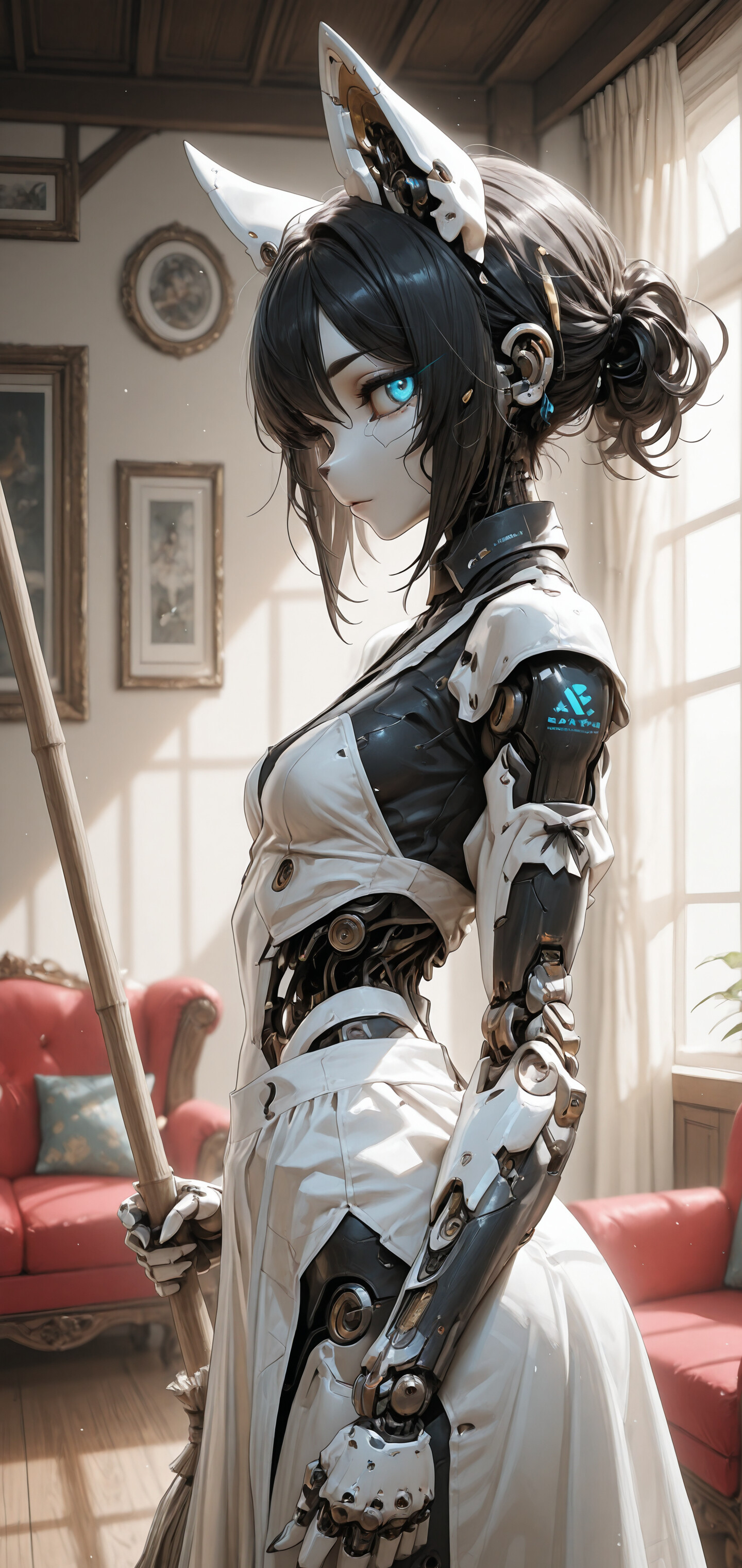 Una ilustración digital de una mujer cyborg con cabello blanco, ojos azules brillantes y orejas de gato, vestida con un uniforme de criada y sosteniendo una fregona futurista dentro de una habitación de estilo clásico.