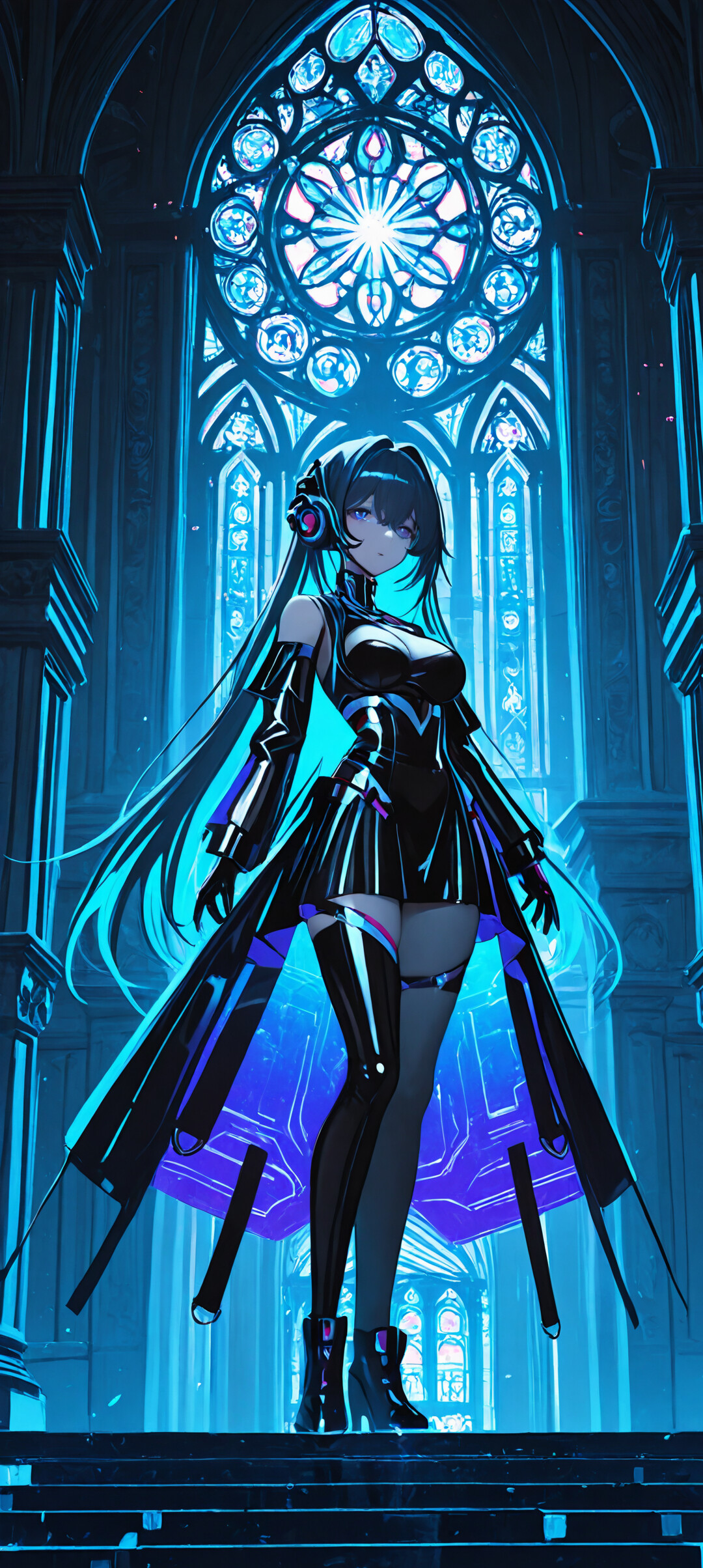 Una ilustración de cuerpo entero de una mujer con un estilo de anime, de cabello largo y azul, que lleva un traje futurista negro y azul y está de pie dentro de una oscura catedral gótica iluminada con luces de color azul neón.
