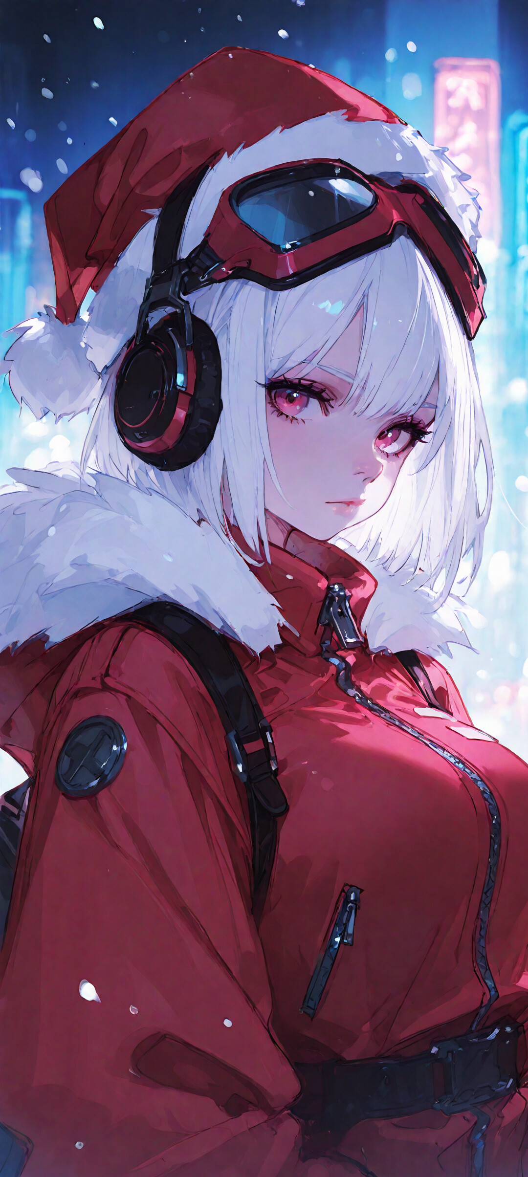 Una chica de anime con el pelo corto y blanco y los ojos rojos, que lleva puesto un gorro de Papá Noel rojo, gafas de protección, auriculares y una chaqueta de invierno roja, y que está de pie en una calle nevada de la ciudad, con luces de neón al fondo.