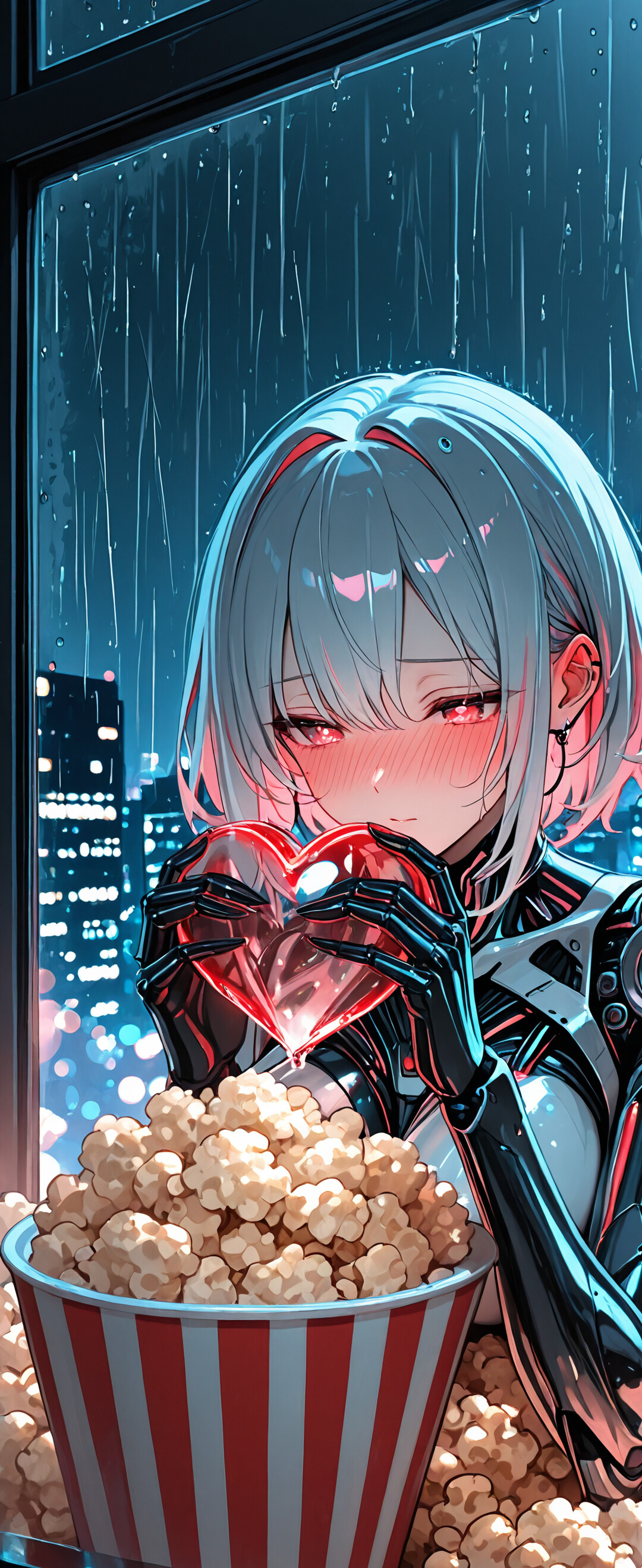 Una chica cyborg de estilo anime, con el pelo corto de color azul claro y ojos azules, que se sonroja mientras sostiene un gran cubo de palomitas de maíz con rayas rojas y blancas. Un corazón rosa y translúcido descansa sobre las palomitas. Está de pie frente a una ventana que muestra una ciudad lluviosa de noche.