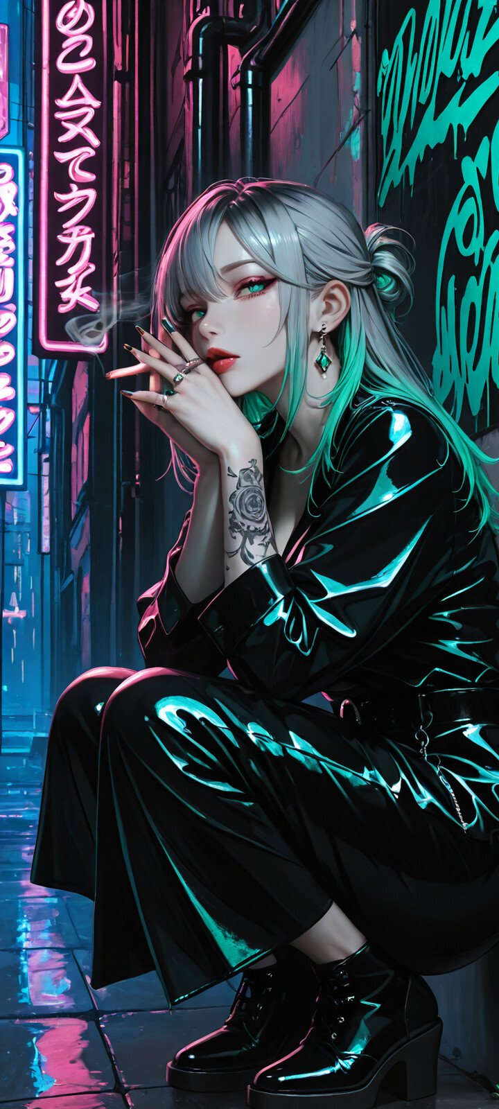 Una ilustración de estilo anime que representa a una joven con cabello gris, algunos mechones verdes y unos ojos de color verde brillante. Está agachada en un callejón oscuro, iluminado con luces de neón, mientras fuma un cigarrillo y mira directamente a la cámara. Tiene un gran tatuaje de una rosa en el brazo.