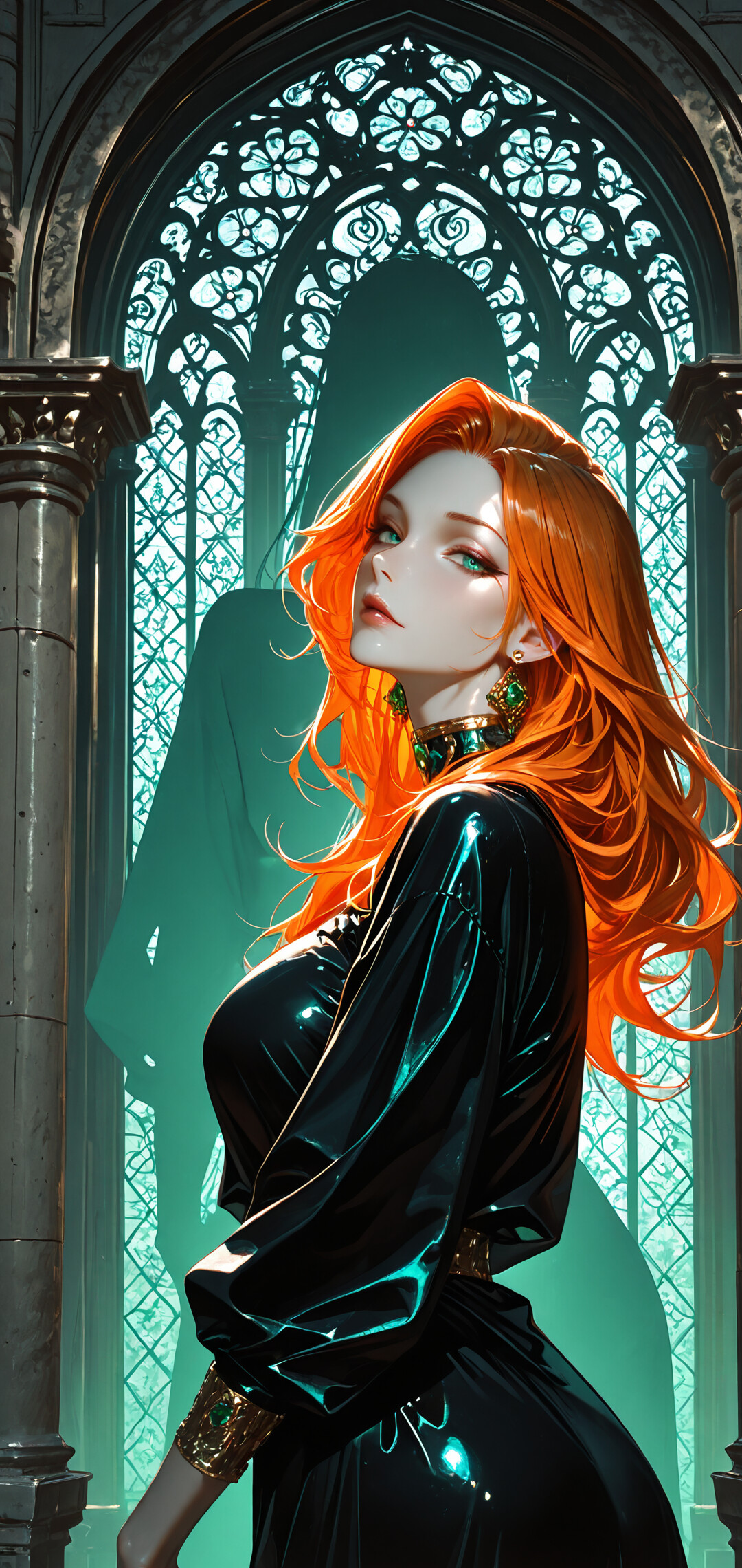 Una hermosa mujer de estilo anime, con el pelo largo y de color naranja y los ojos verdes, vestida con un vestido negro y joyas color esmeralda, apoya la barbilla en la mano mientras descansa en el balcón de un castillo gótico al atardecer.